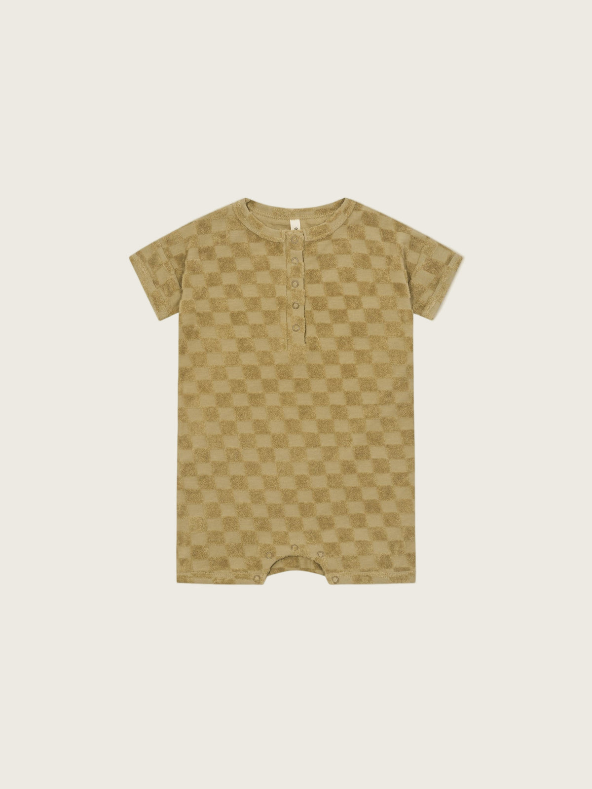 baby and toddler beige checkerboard beach romper in soft terry cotton with front & crotch poppers