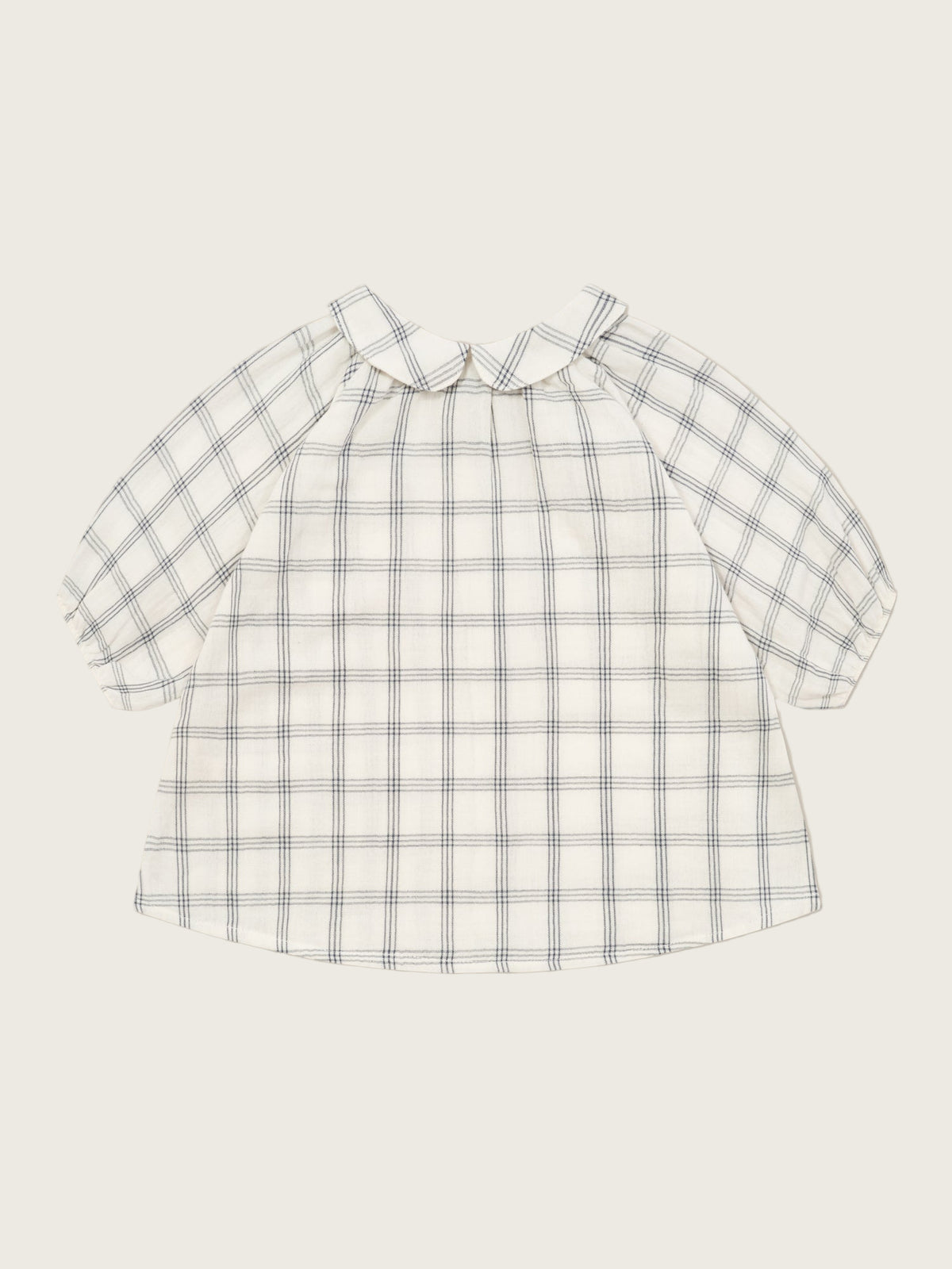 baby navy window check long sleeved two-way muslin button-down white dress, with peter pan collar & gathered cuffs