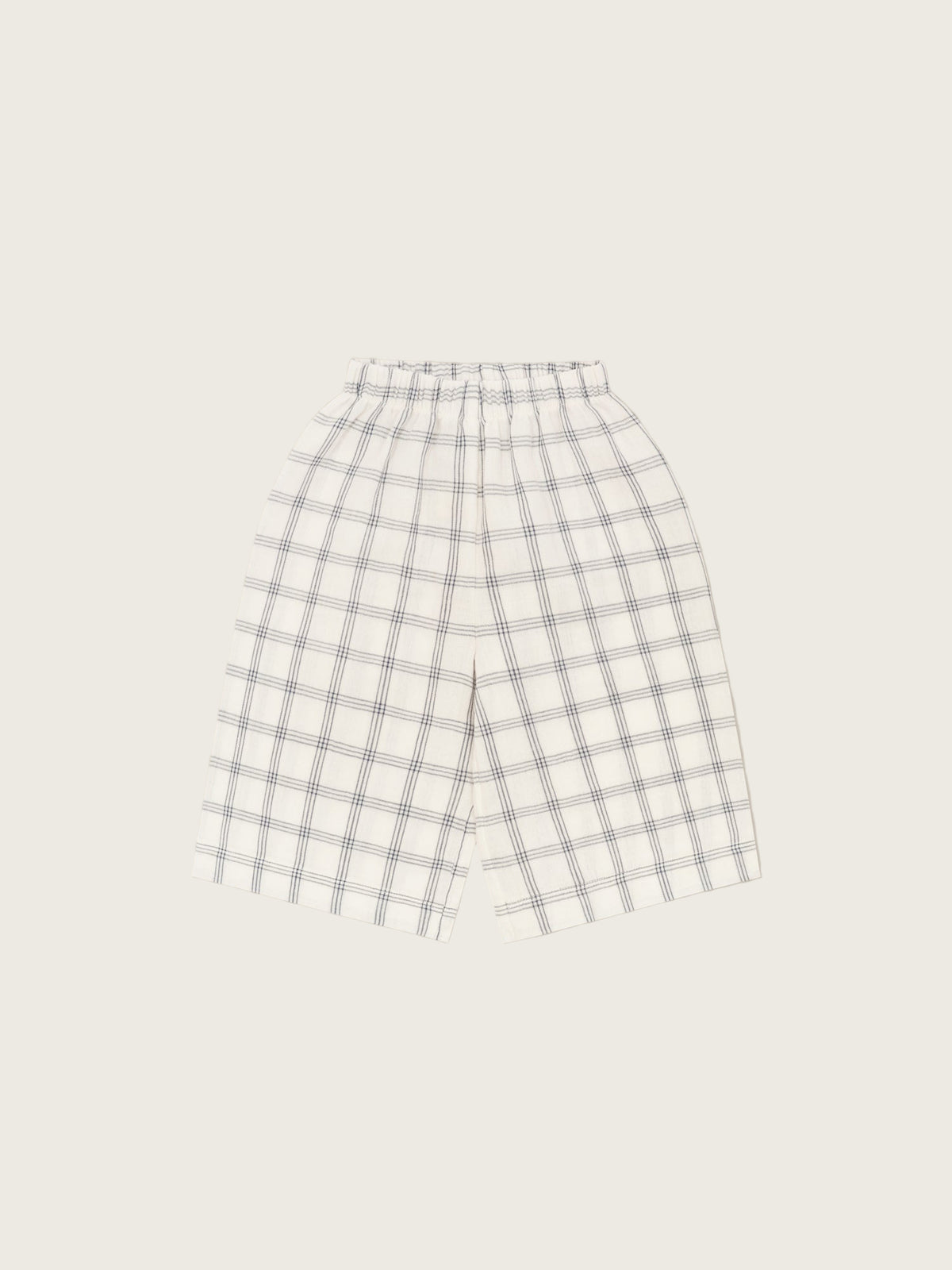 toddler wide leg organic muslin trousers in white with navy window check print & elastic waistband