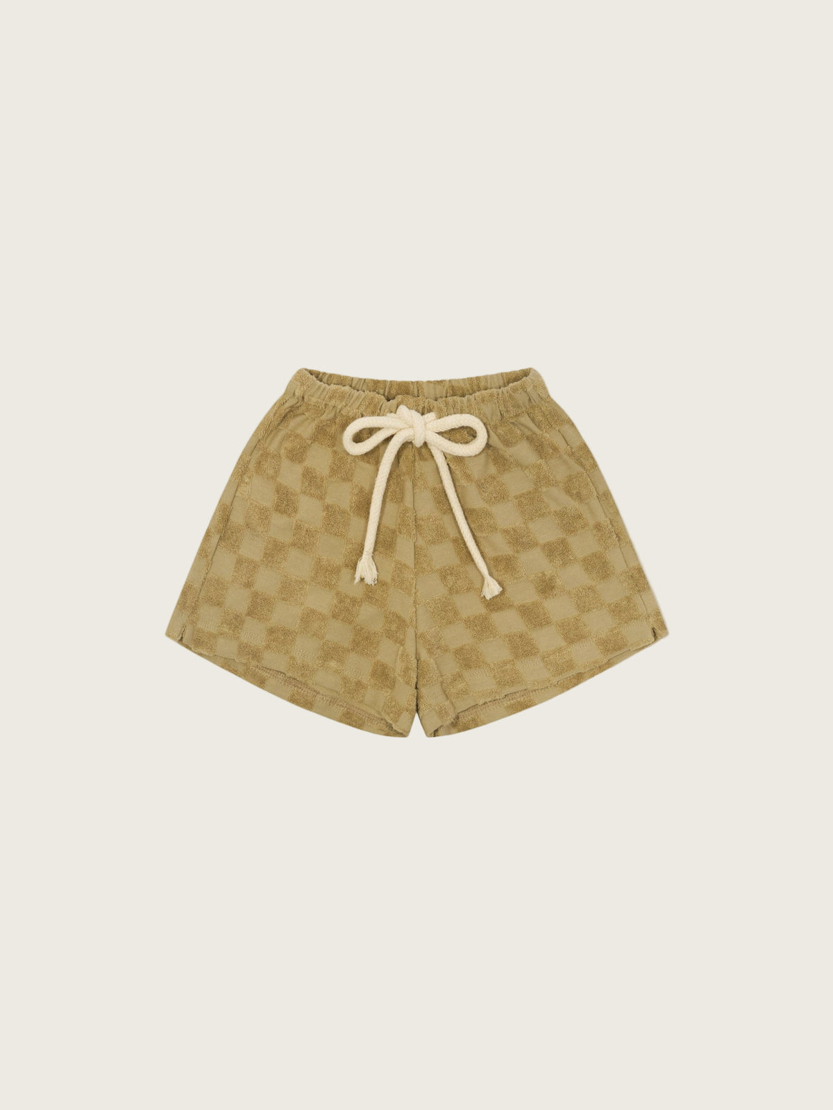 baby & toddler beige checkerboard rope drawstring shorts in organic terry cotton with elastic waistband