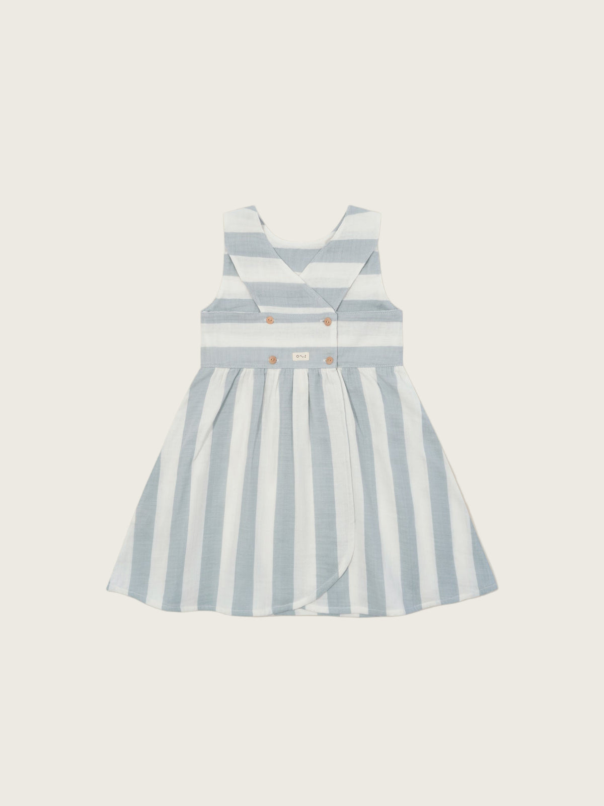 toddler sardine blue striped muslin sleeveless dress with wooden button back and curved hem
