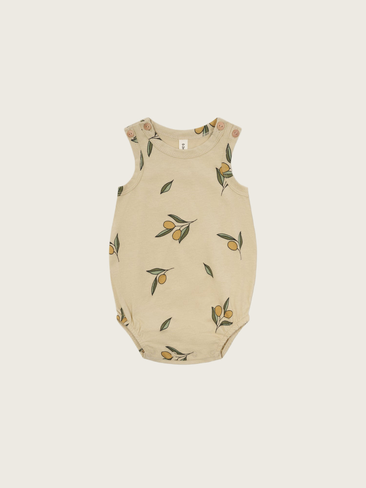 baby organic cotton sleeveless cream bodysuit with olive print, shoulder buttons, elastic leg openings & poppers