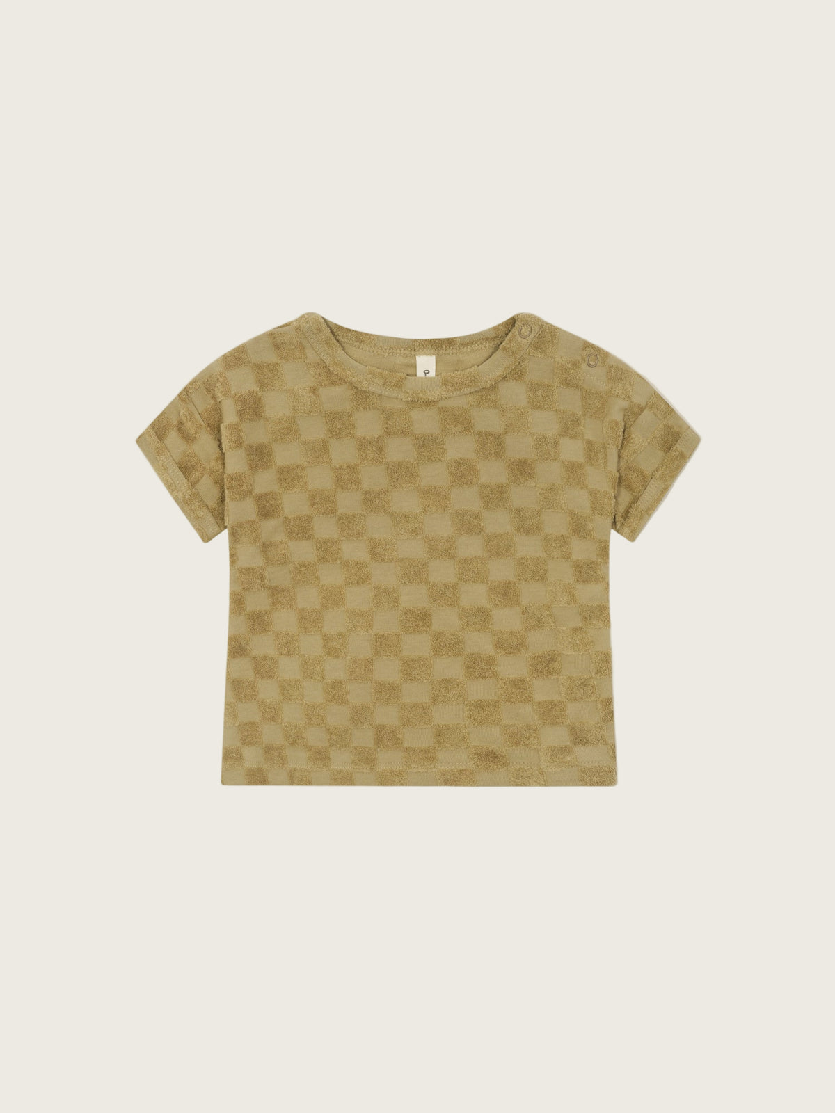 baby dusky beige checkerboard boxy drop shoulder t-shirt in soft organic terry cotton