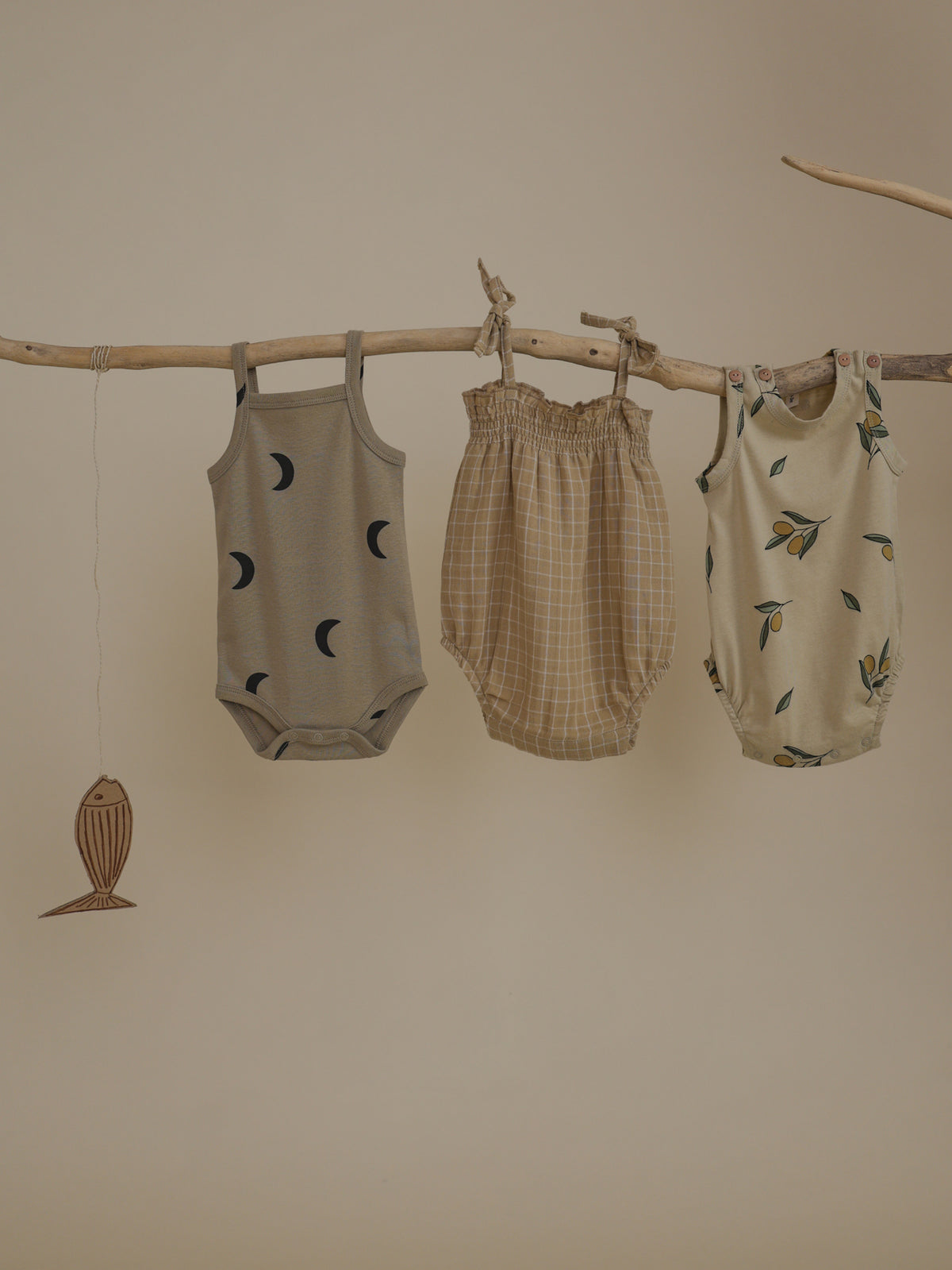 organic sleeveless baby bodysuits on branch, with baby gold grid check spaghetti shoulder tie strap muslin bodysuit