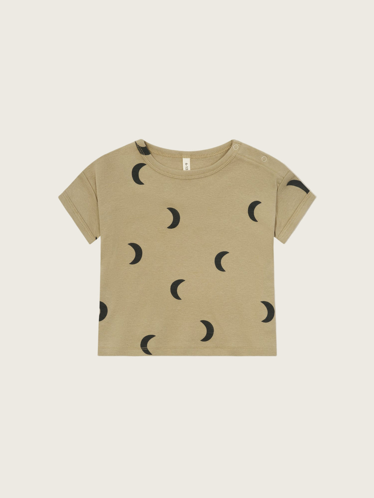 baby beige organic ribbed cotton boxy drop shoulder t-shirt with black moon print & shoulder poppers