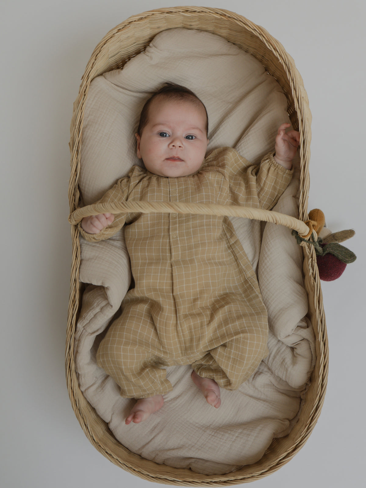 baby wearing onesie with grid check pattern in wheat gold lying in moses basket