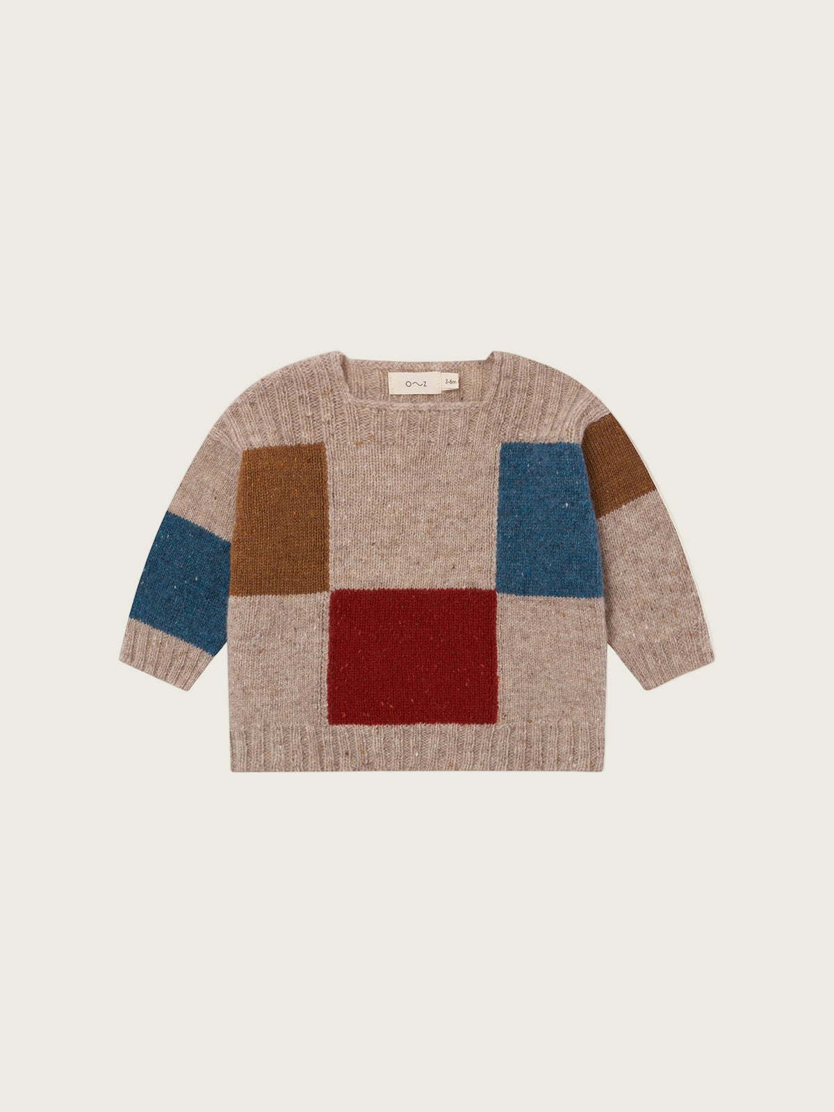 baby & toddler beige wool jumper with square neck, ribbed trim, colour-block patchwork in red, blue, brown