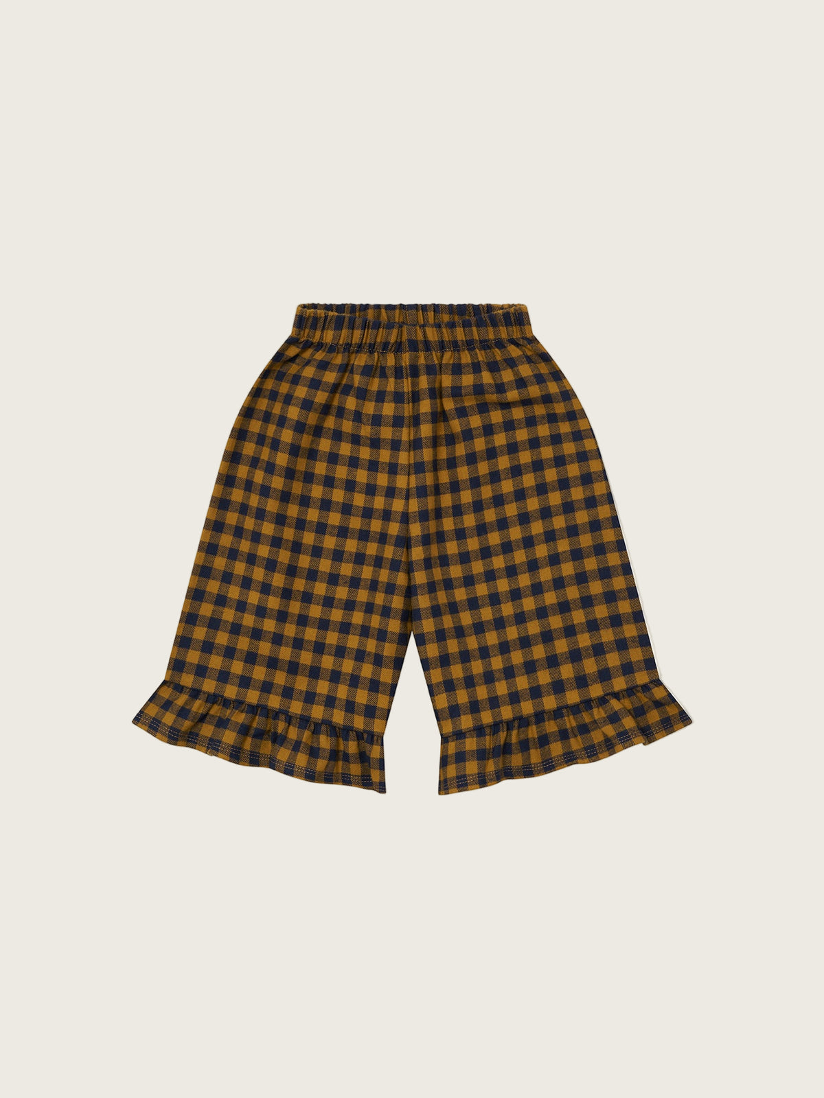toddler navy and yellow checkered gingham flannel culottes with frill hems