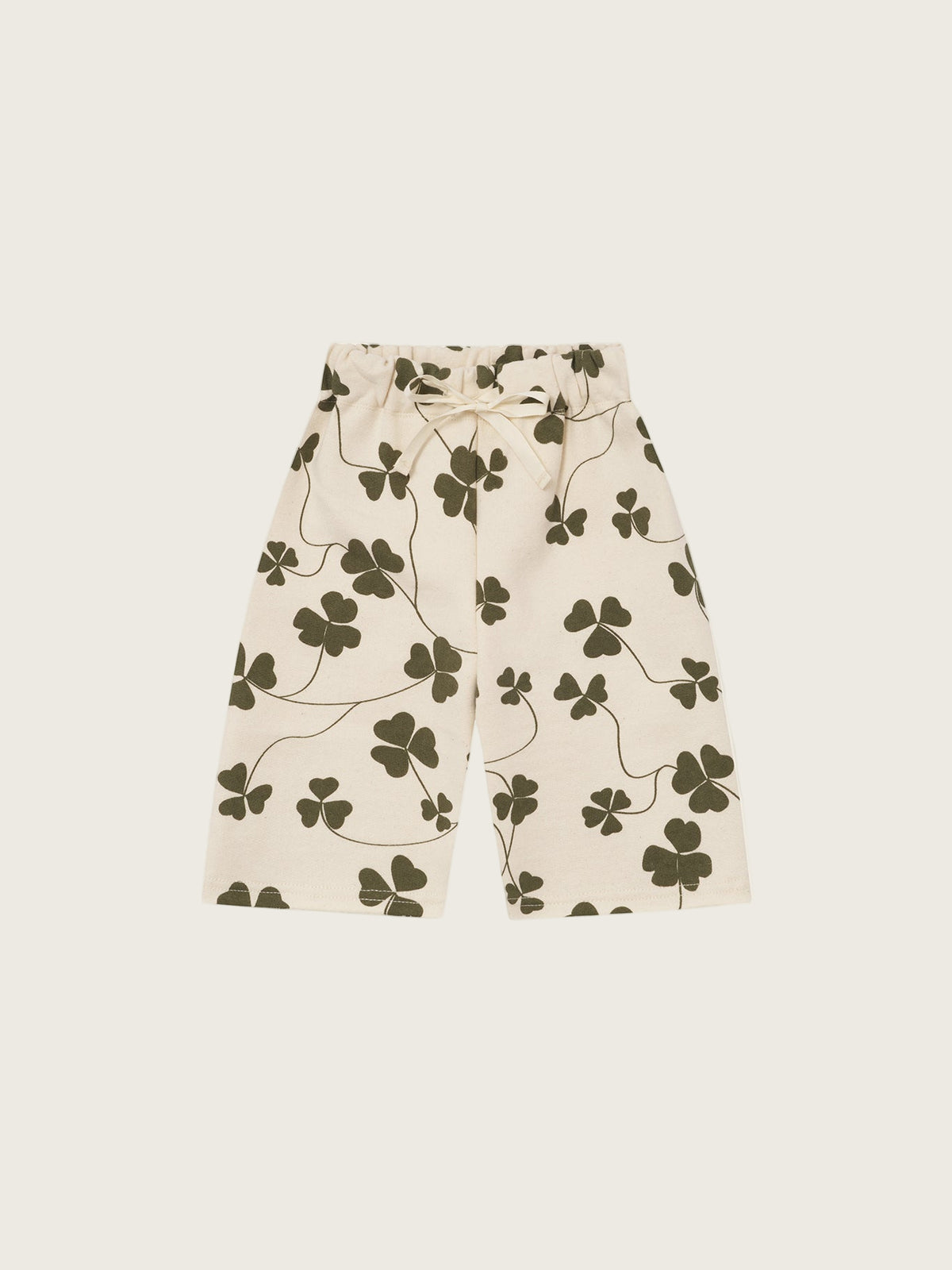 baby and toddler cream undyed cotton wide leg drawstring pants with green clover print
