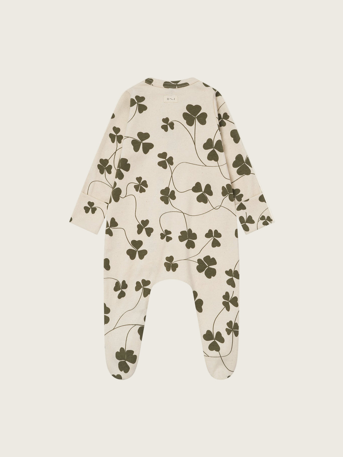 baby cream undyed cotton zip sleepsuit with green clover print