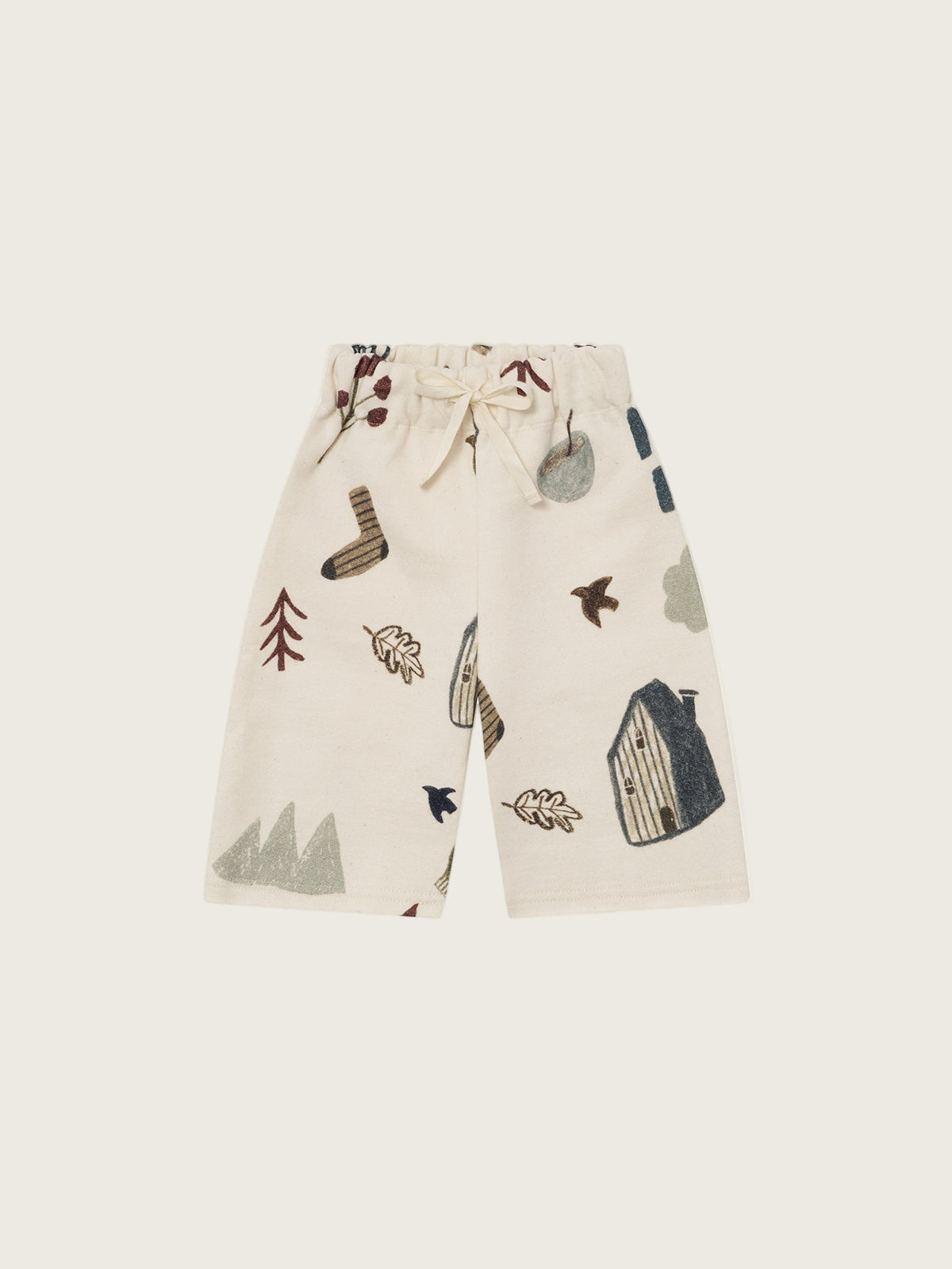 baby & toddler cream undyed cotton wide leg pants with cosy nature-themed graphics of mountain and cabin