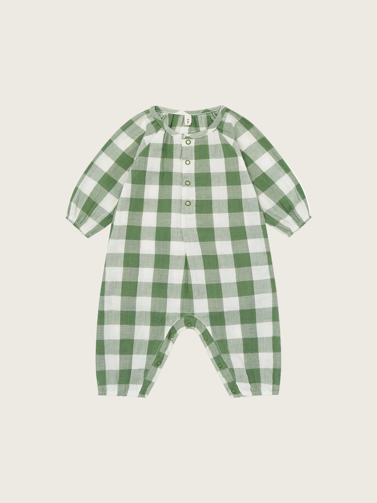 Green and white checkered baby romper on a white background