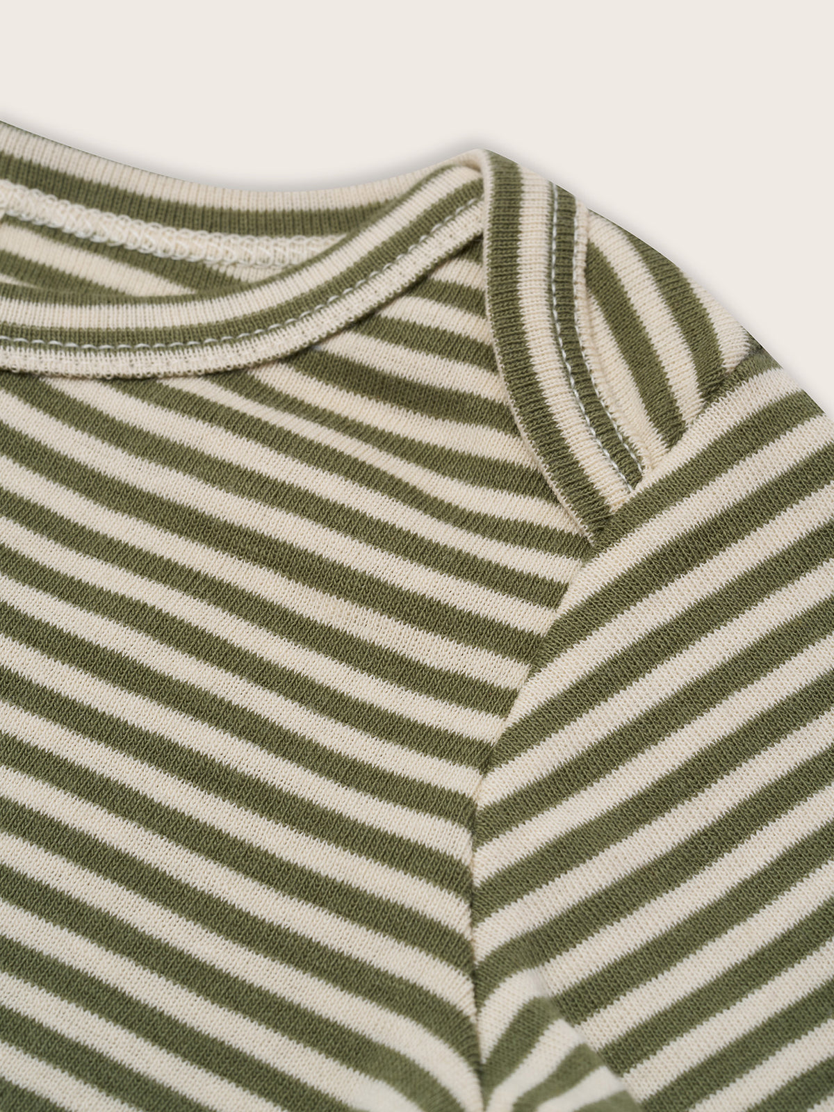 close up of ribbed cotton base layer set in green & cream stripes with long-sleeved top & leggings