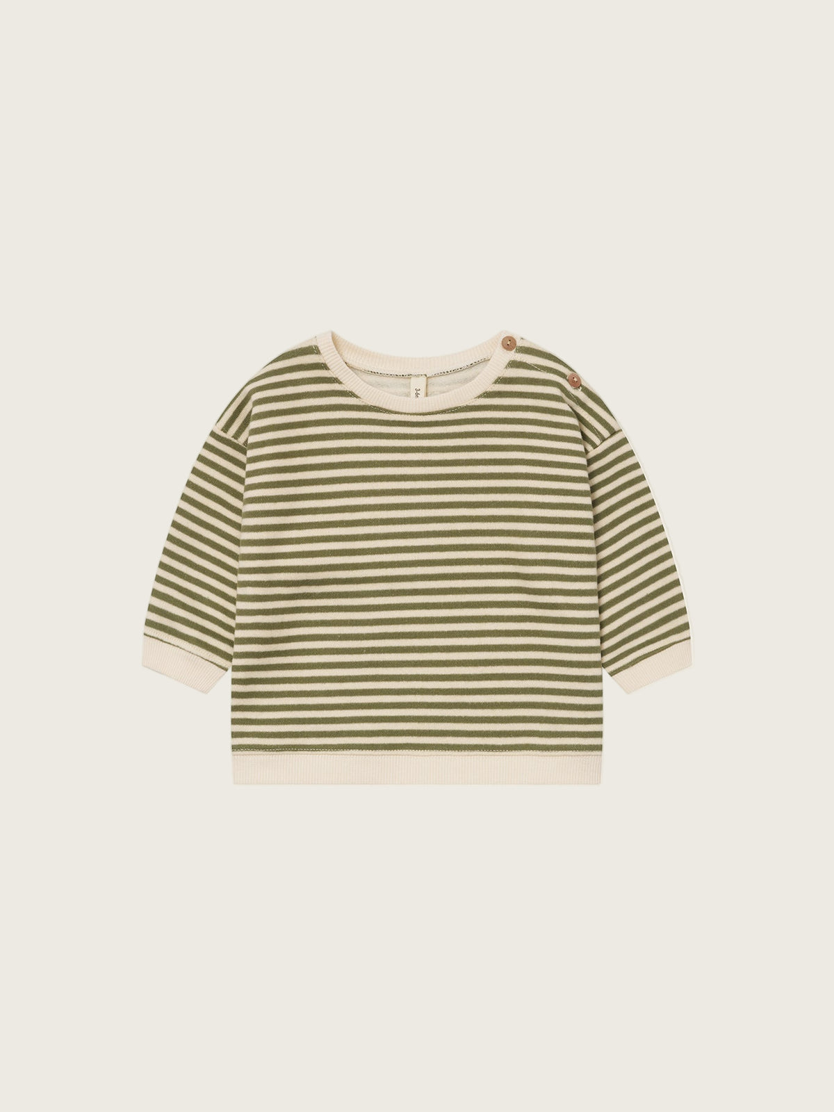 baby organic cotton sweatshirt in green and white stripes with two shoulder buttons