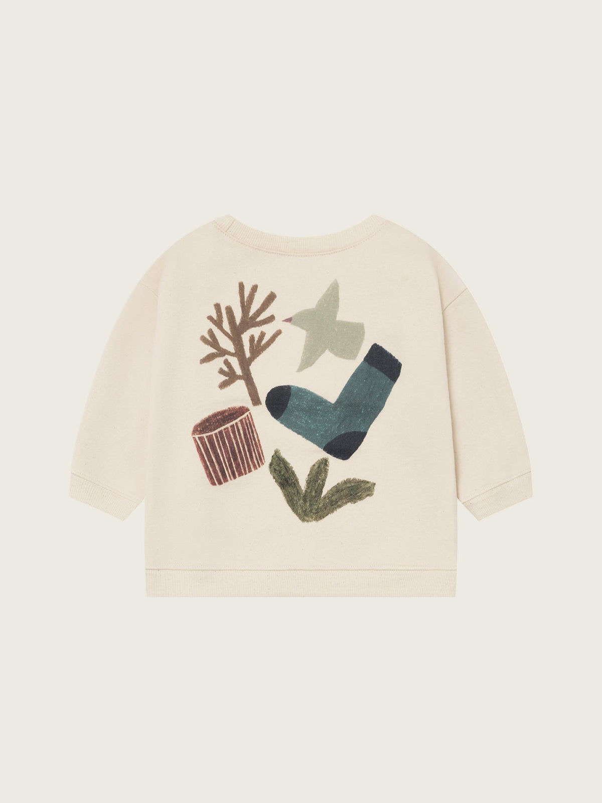 toddler cream undyed cotton sweatshirt with nature-themed hand-drawn illustration on the back