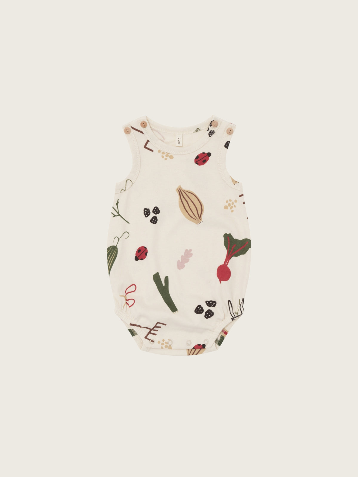 Baby bodysuit with vegetable pattern on a white background