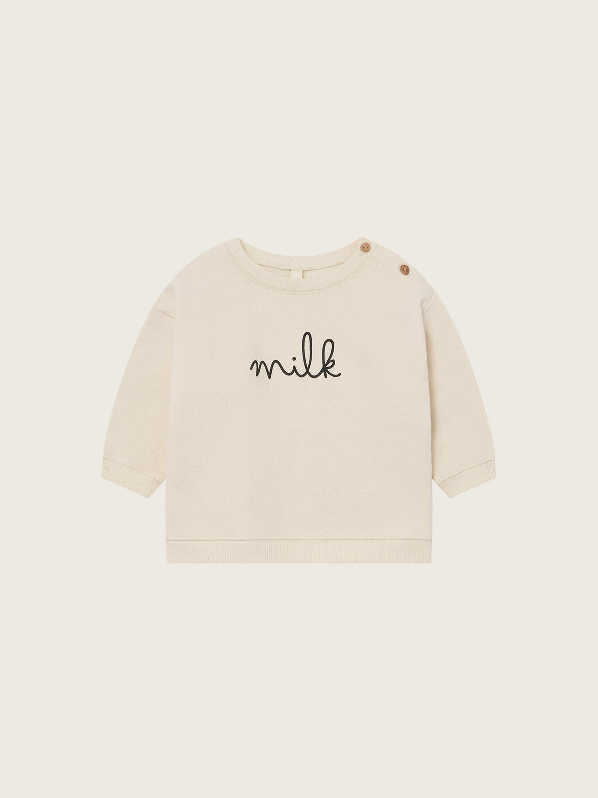 toddler cream undyed cotton boxy drop shoulder sweatshirt with milk text and shoulder buttons