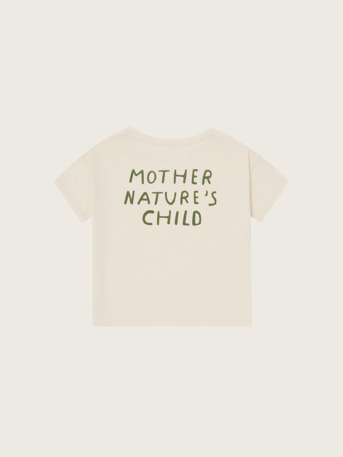 Beige t-shirt with 'Mother Nature's Child' text on a white background
