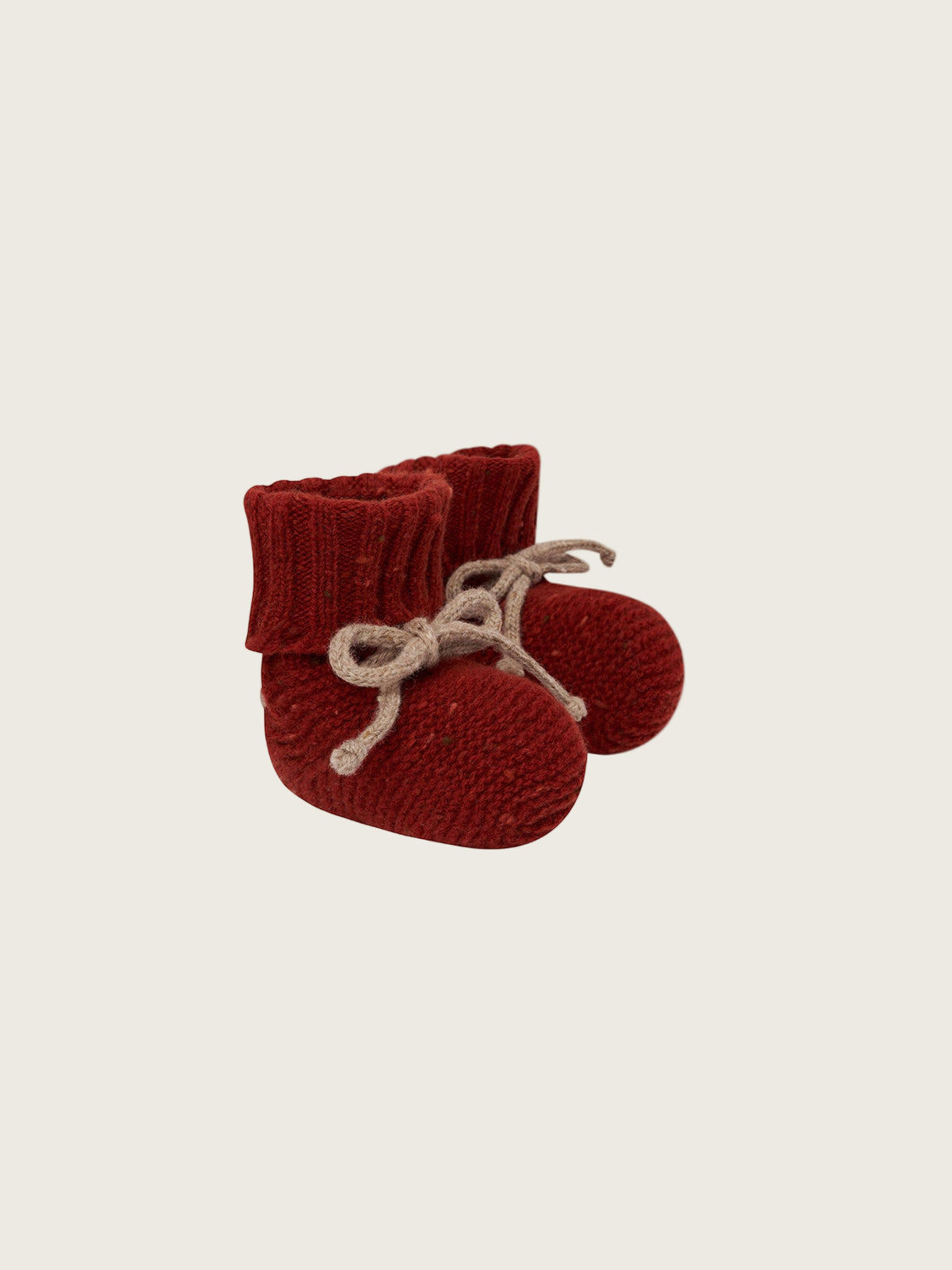 baby and toddler wool booties in paprika red with ribbed cuffs and beige ribbons