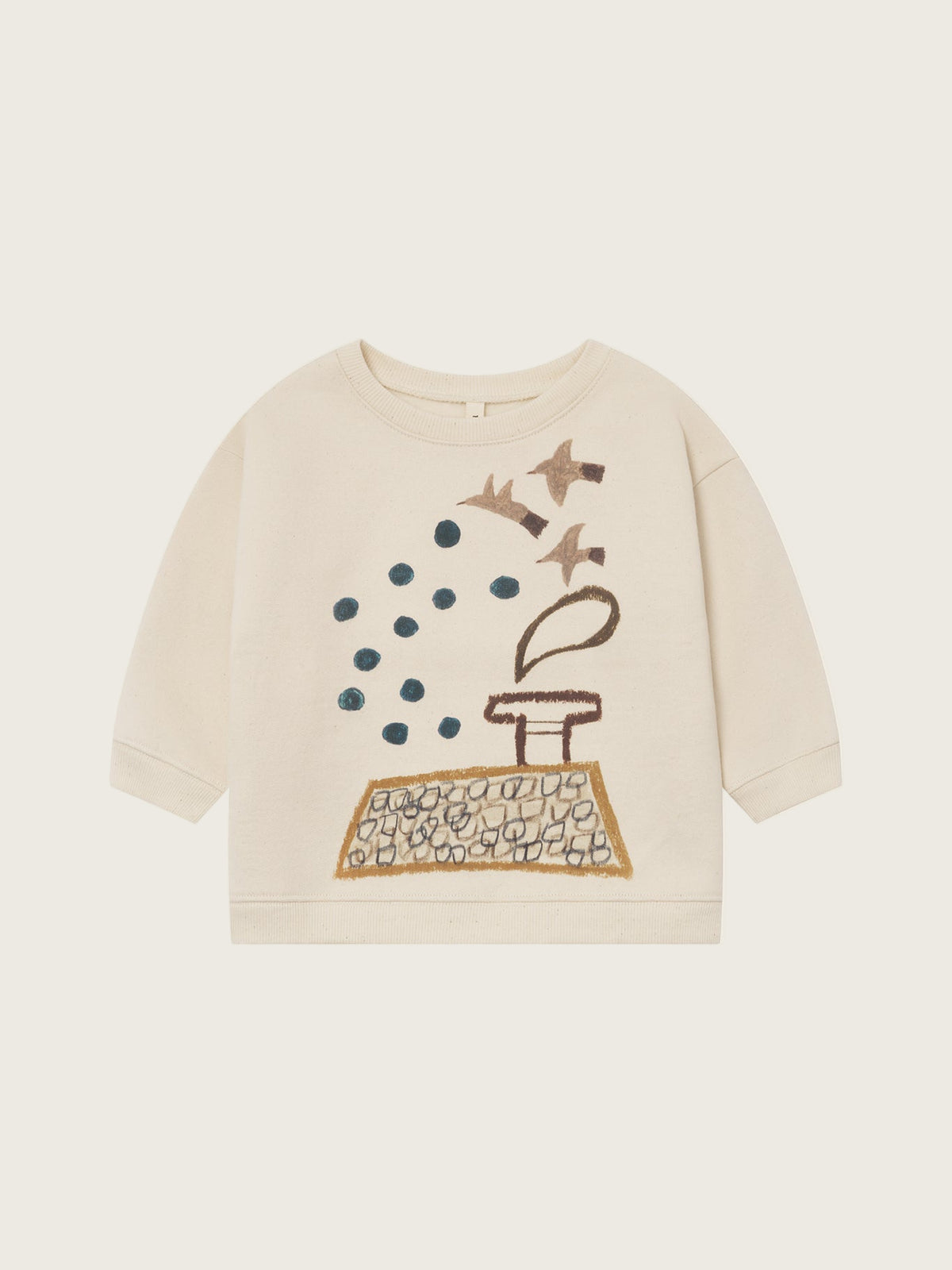 toddler cream undyed cotton sweatshirt with Rooftop Gathering print of birds above rooftop and blue dots