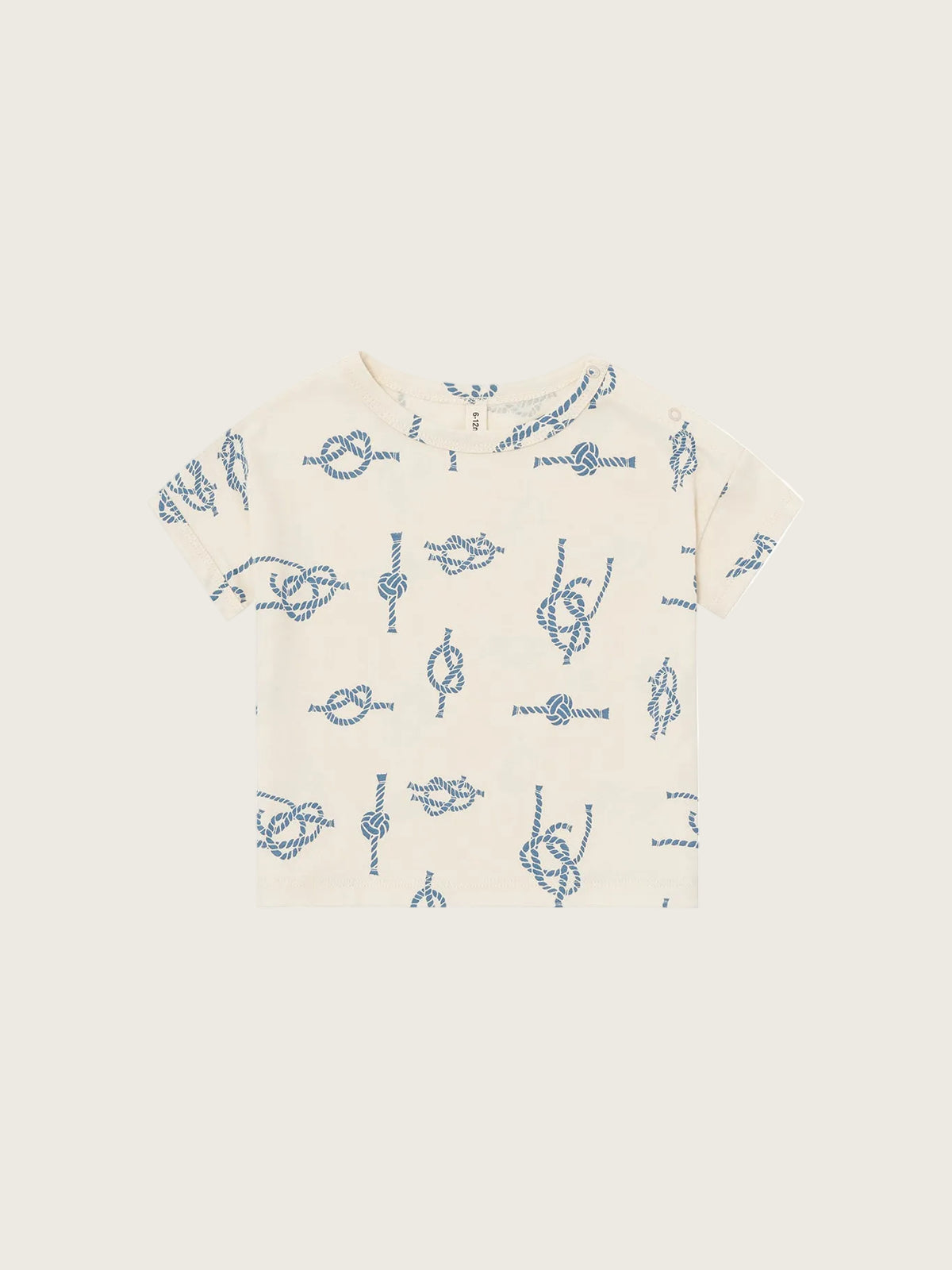 Beige t-shirt with blue knot pattern on a white background