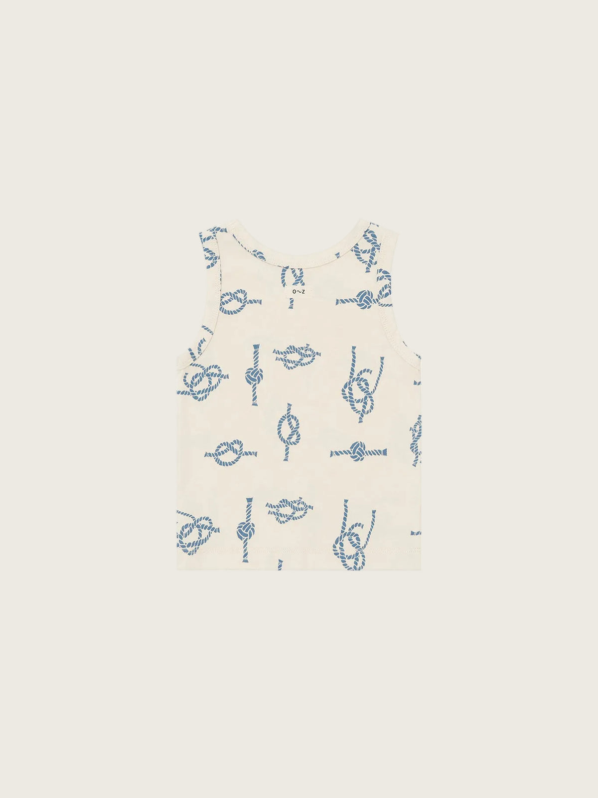 Beige tank top with blue knot pattern on a white background