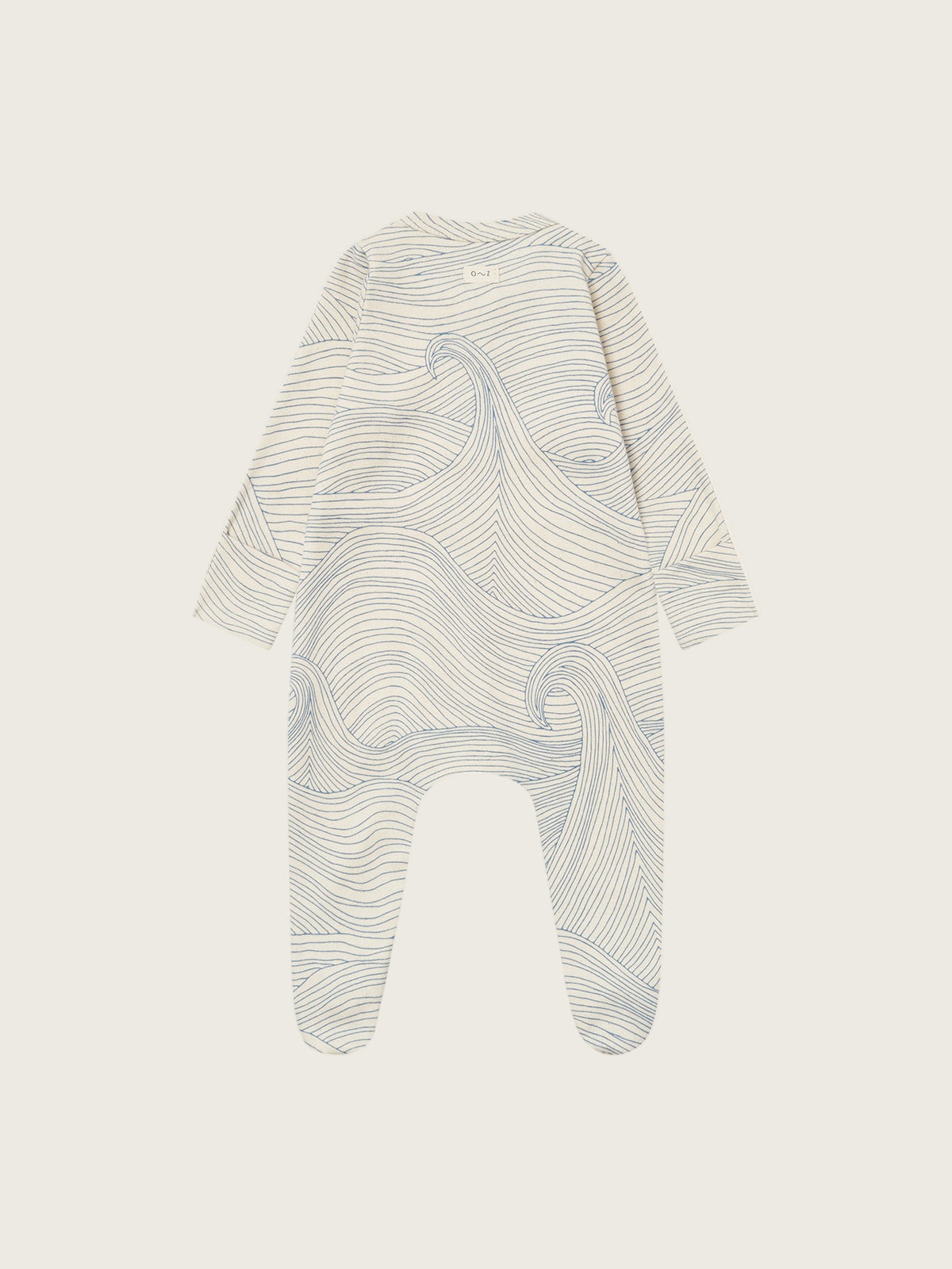 baby cream undyed cotton zip sleepsuit with flowing blue Seascape line-drawn ocean waves