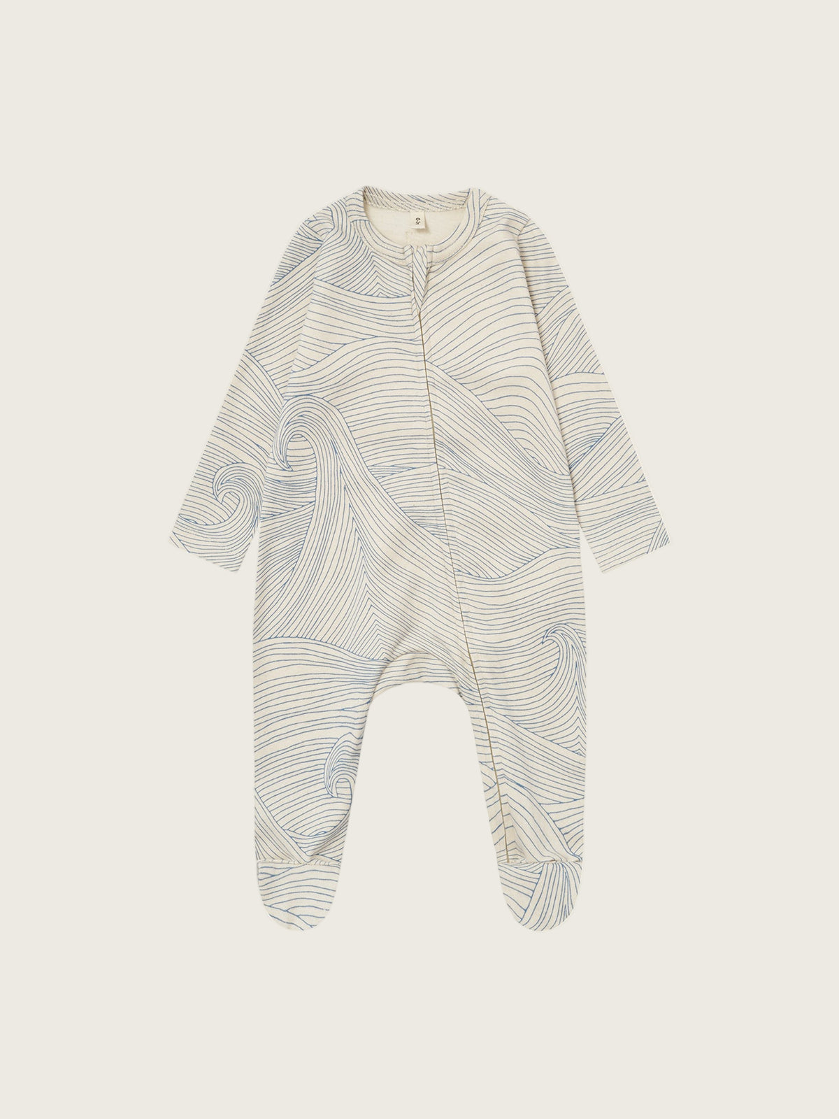 baby cream undyed cotton zip sleepsuit with flowing blue Seascape line-drawn ocean waves