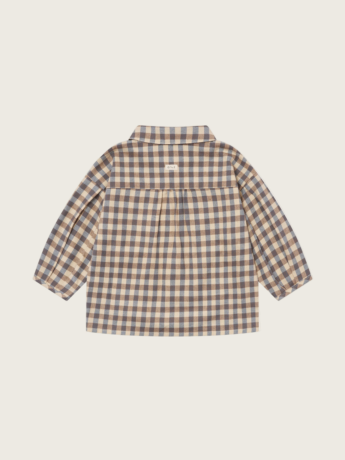 baby & toddler gingham lodge shirt in cream & blue with peter pan collar, patch pockets & balloon sleeves