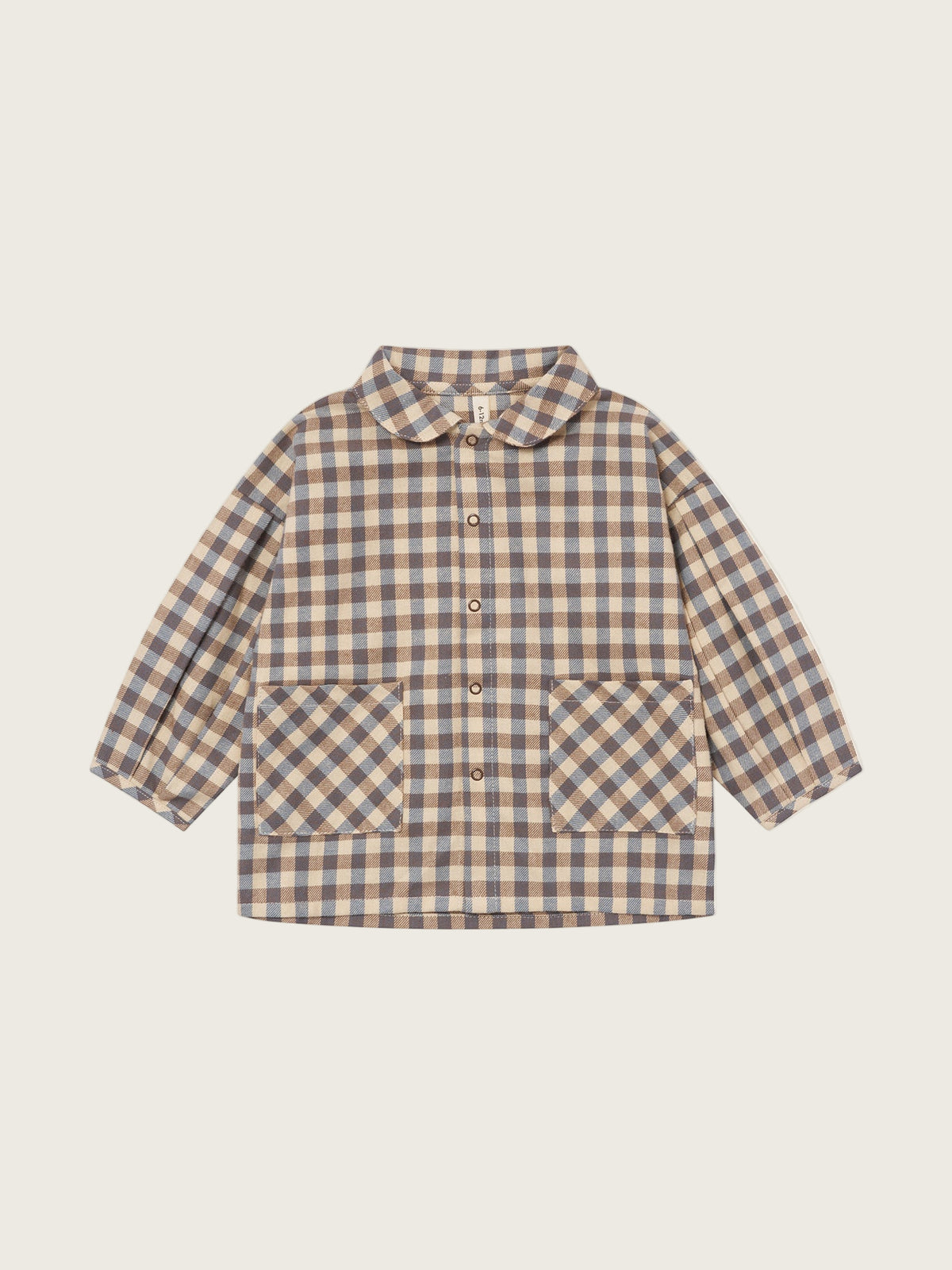 baby & toddler gingham lodge shirt in cream & blue with peter pan collar, patch pockets & balloon sleeves