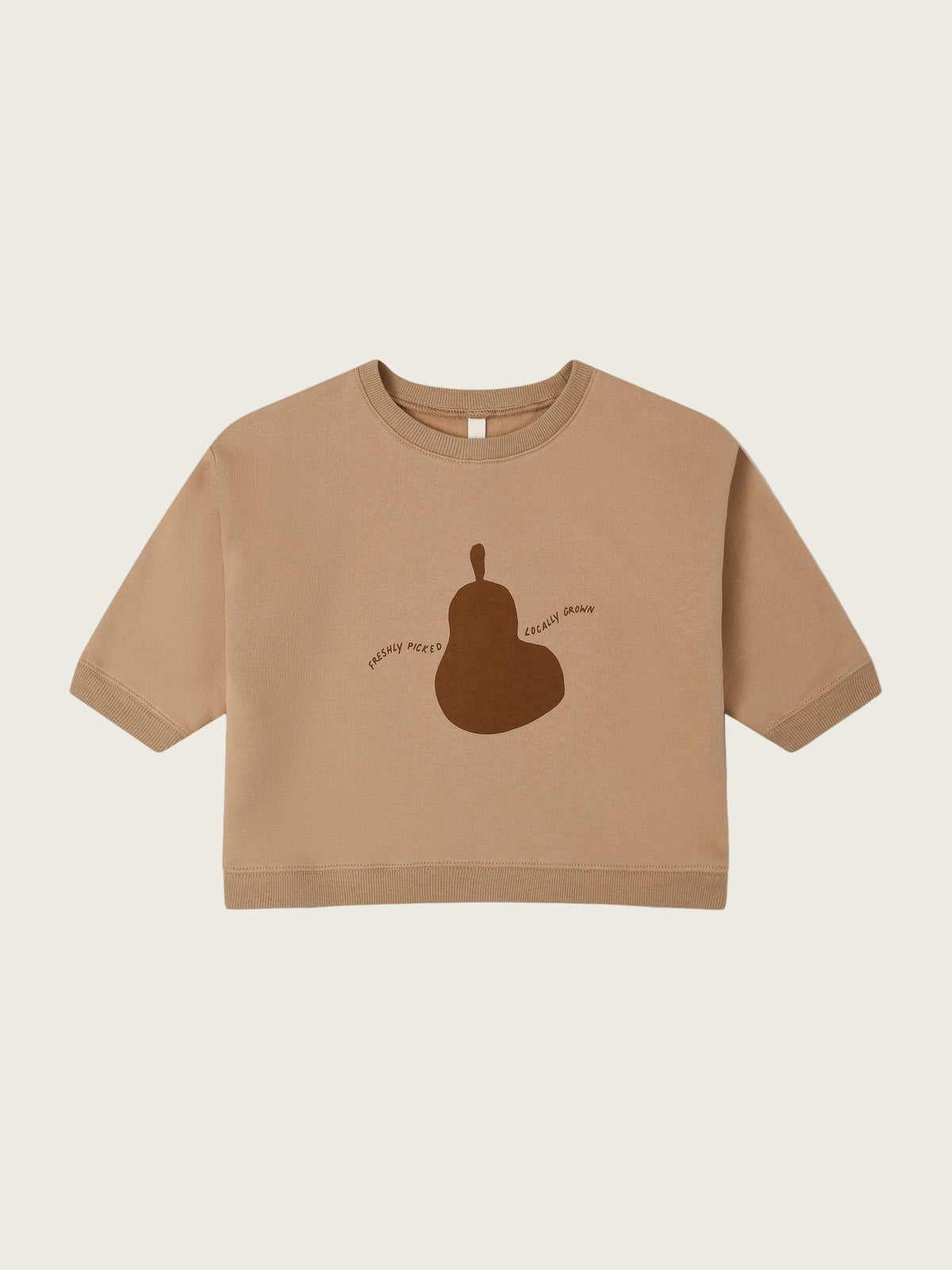toddler terry cotton sweatshirt in brown with pear FRESHLY PICKED LOCALLY GROWN text