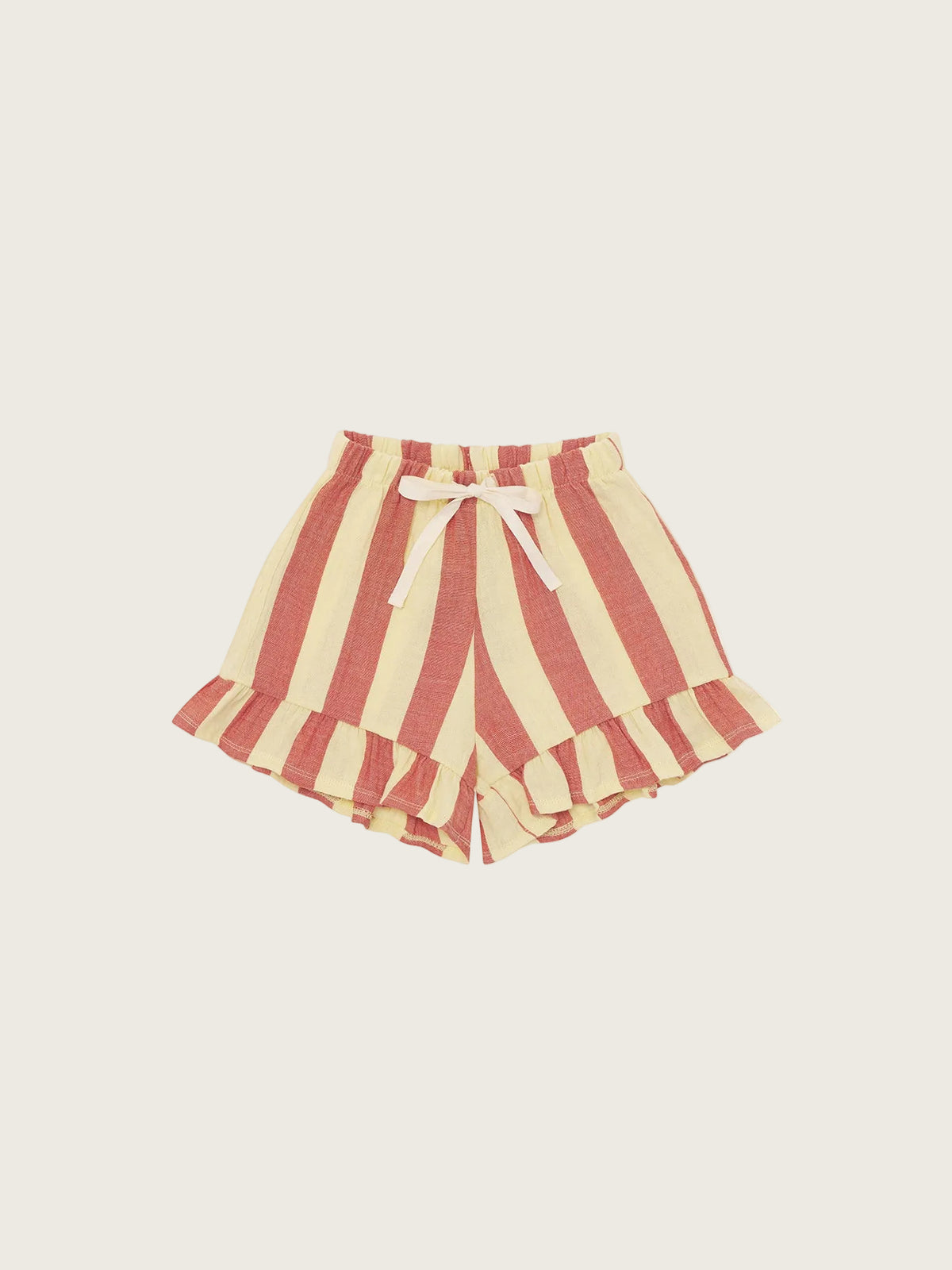 Striped shorts with ruffles on a white background
