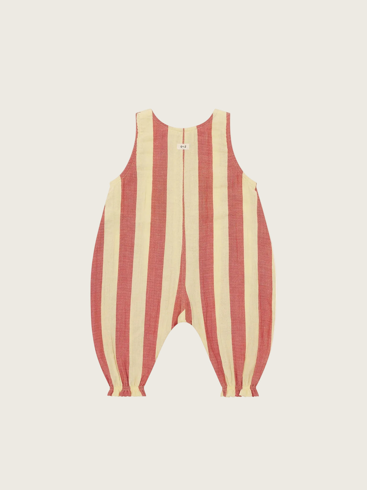 Striped romper with red and beige pattern on a white background