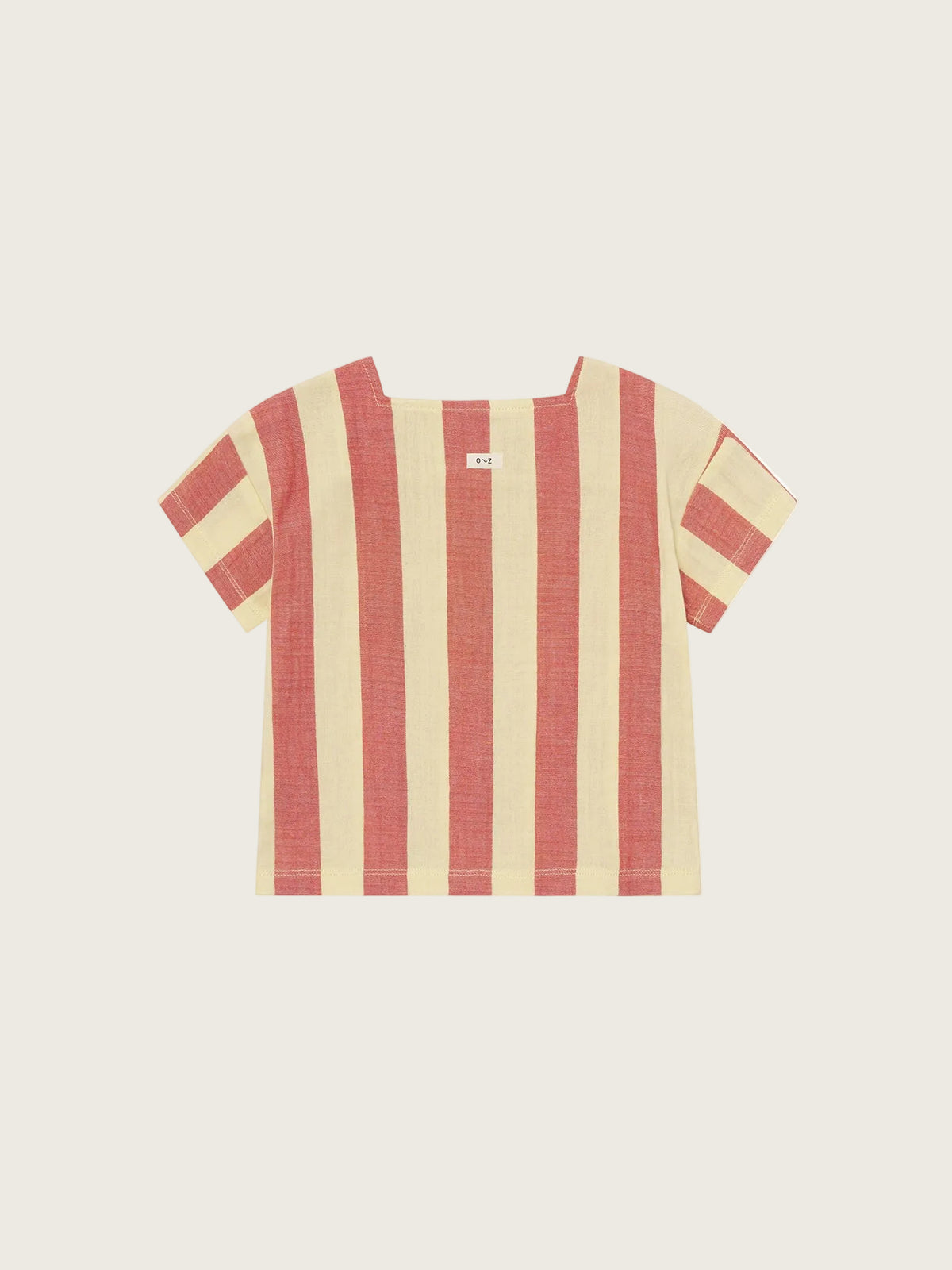 Red and beige striped t-shirt on a white background