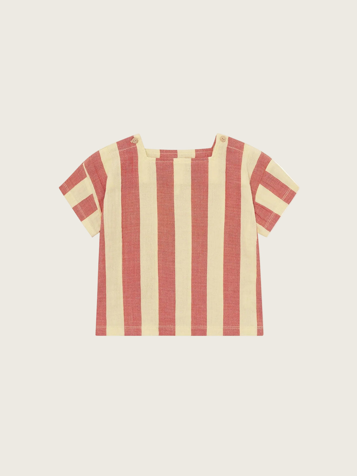 Red and beige striped t-shirt on a white background