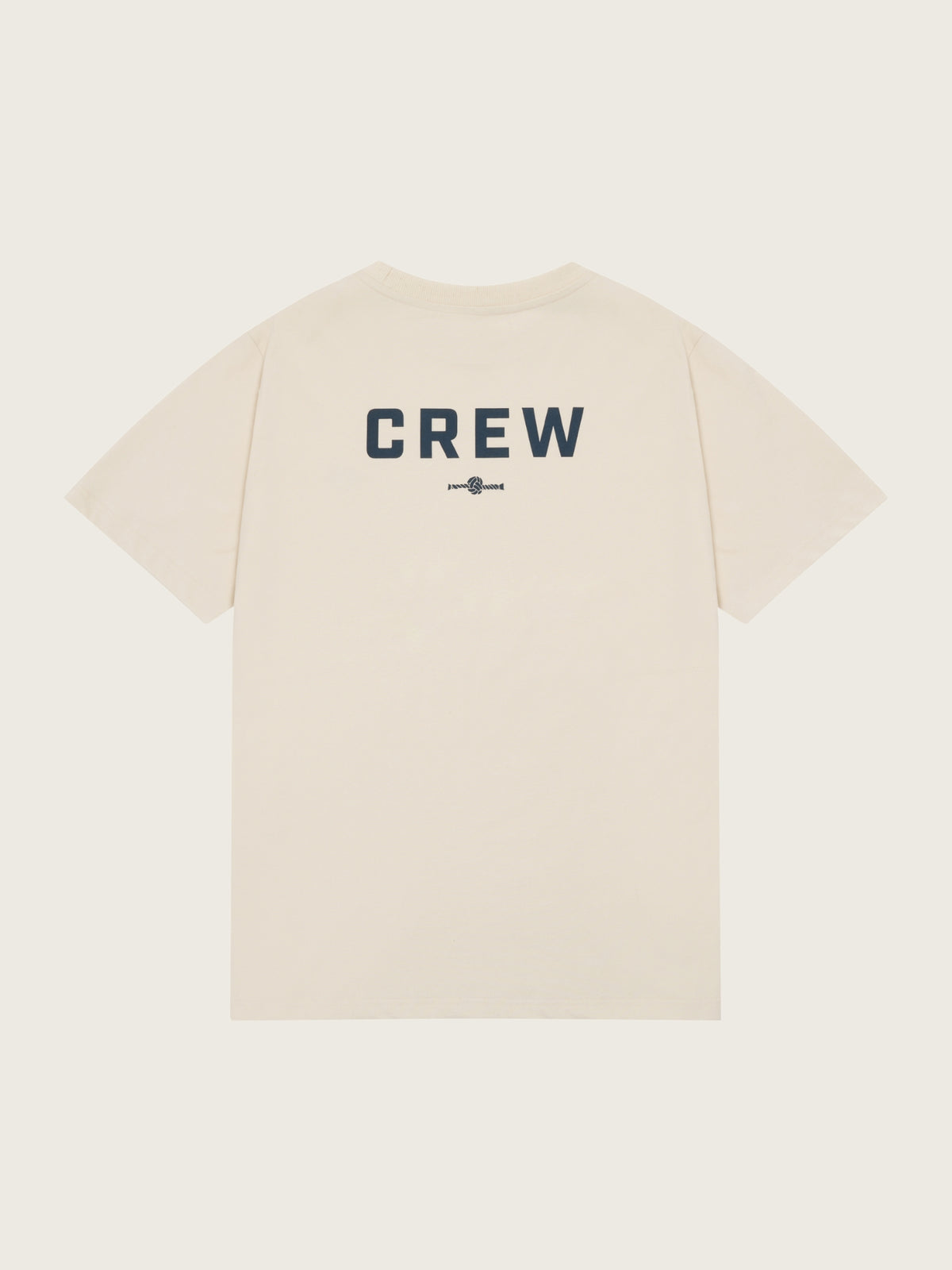 Beige t-shirt with 'CREW' printed on the back against a white background