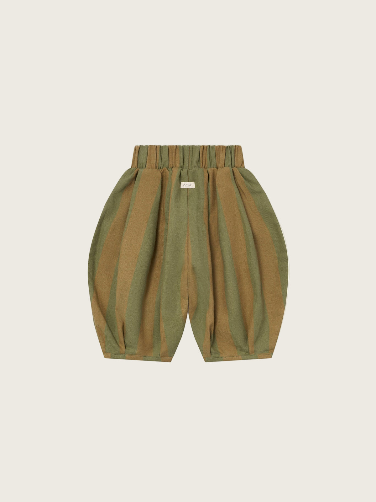 baby and toddler flannel balloon pants in cream and green stripes, with elastic waistband
