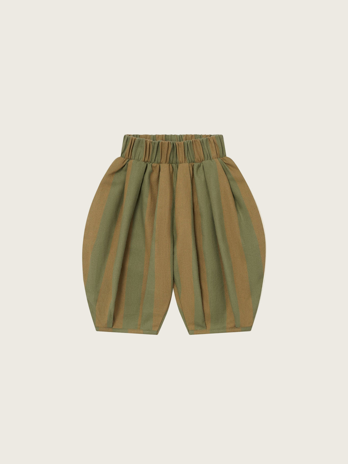 baby and toddler flannel balloon pants in cream and green stripes, with elastic waistband