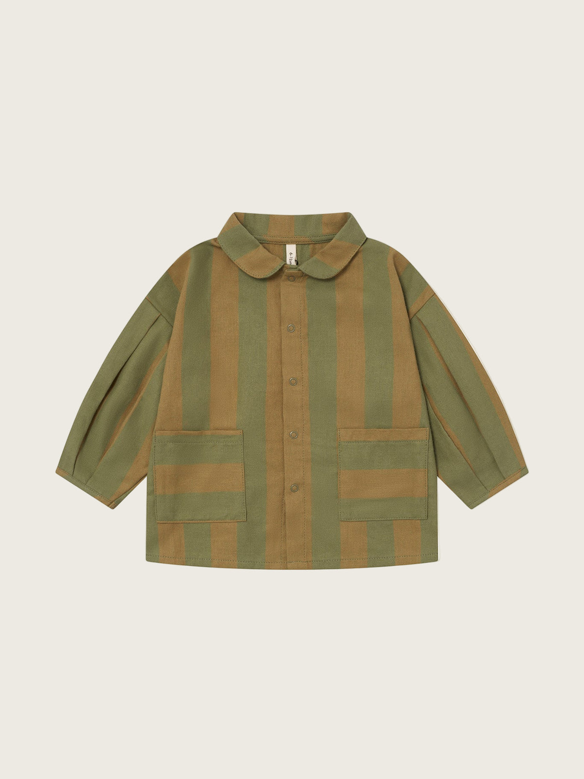 baby & toddler stripes lodge shirt in cream & green with peter pan collar, patch pockets & balloon sleeves