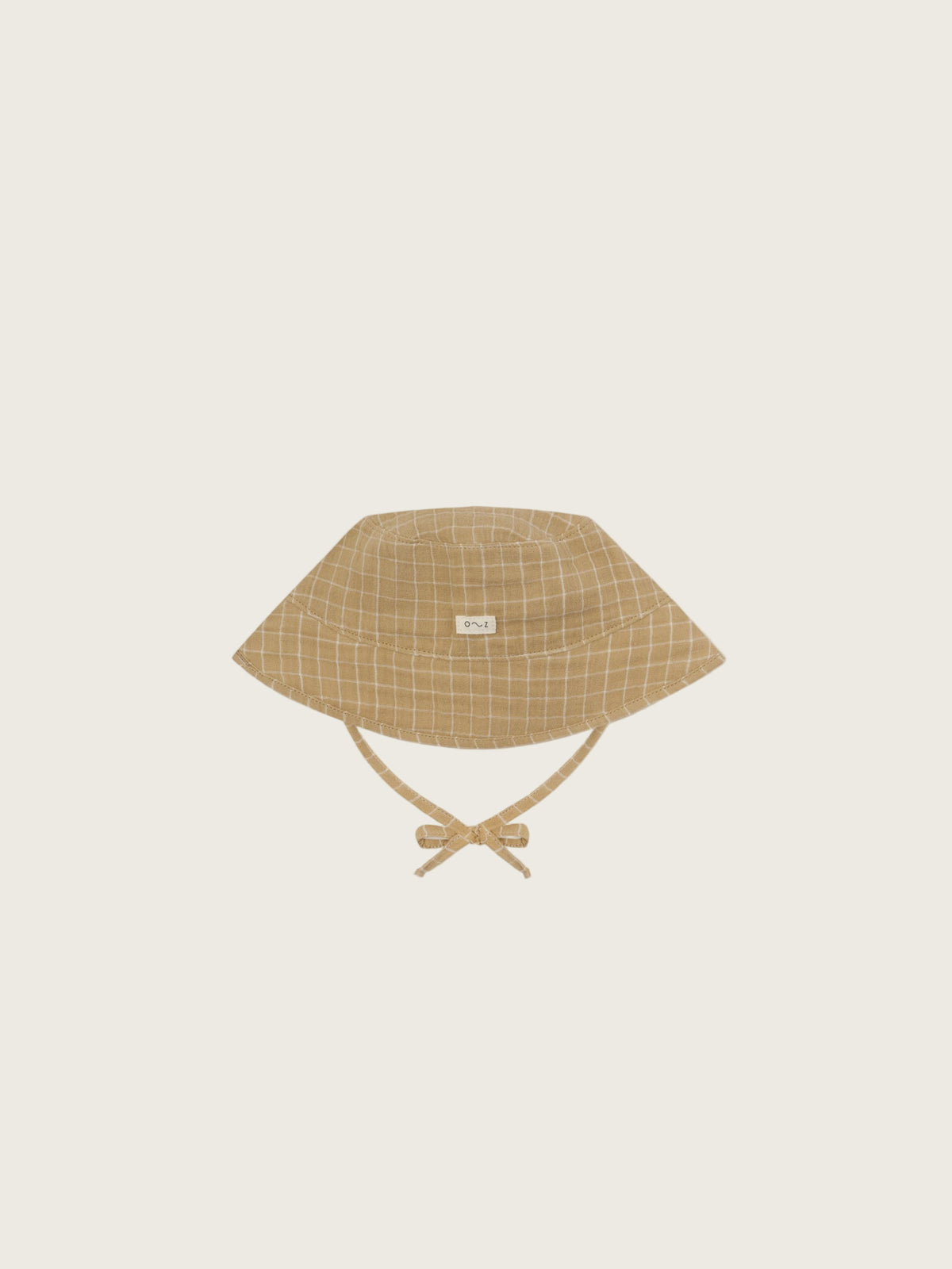 baby and toddler gold grid check organic muslin bucket hat with chin ties