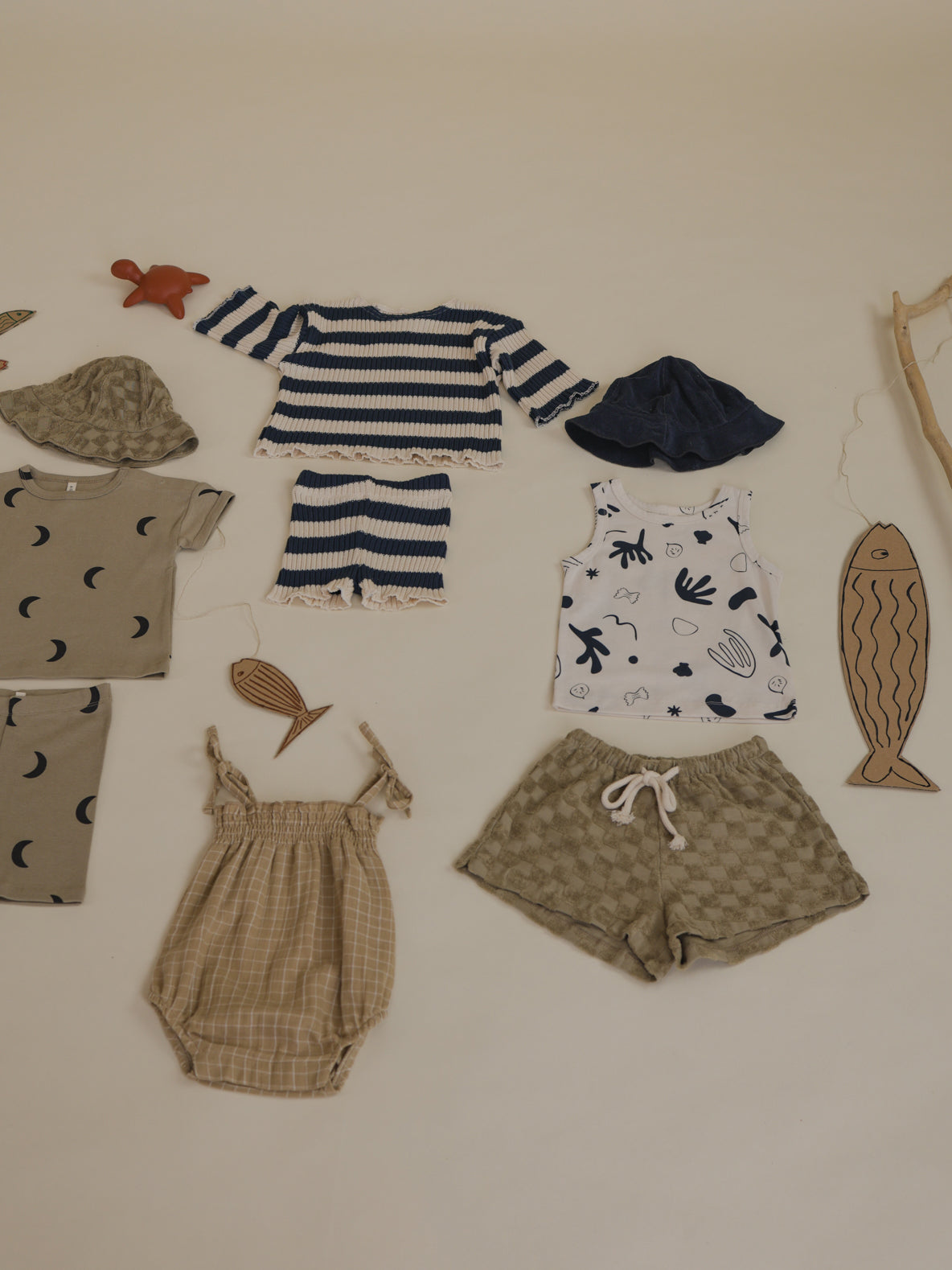 outfit flat lay toddler dusky beige rope shorts with checkerboard pattern in soft terry cotton