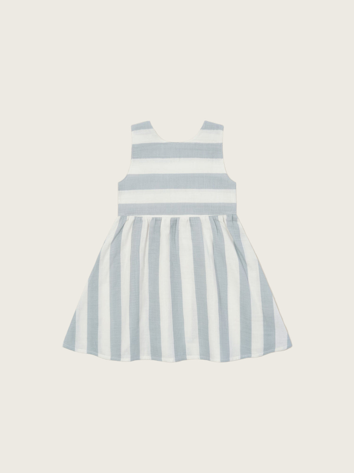 toddler sardine blue striped muslin sleeveless dress with wooden button back and curved hem