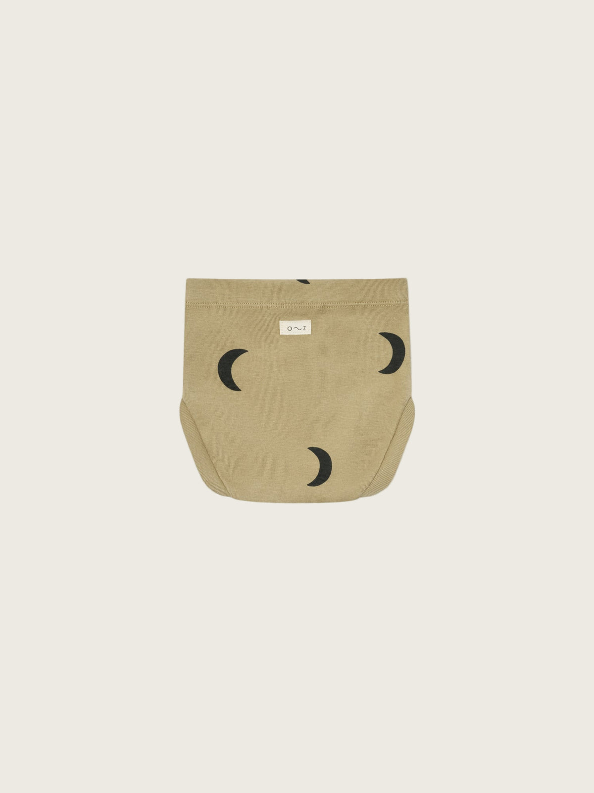 baby and toddler dusky beige organic ribbed cotton shortie bloomers with black moon print