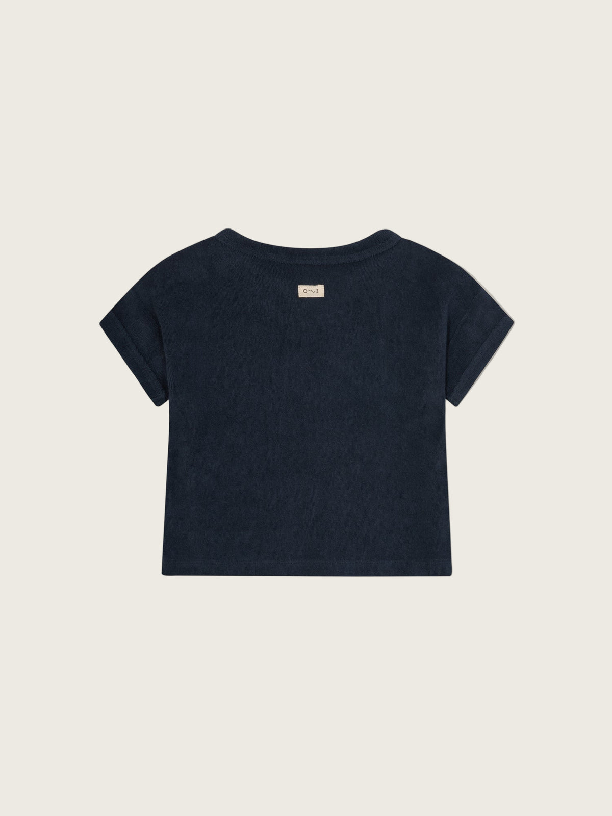 baby & toddler organic terry cotton navy boxy drop shoulder t-shirt with o~z label on the back