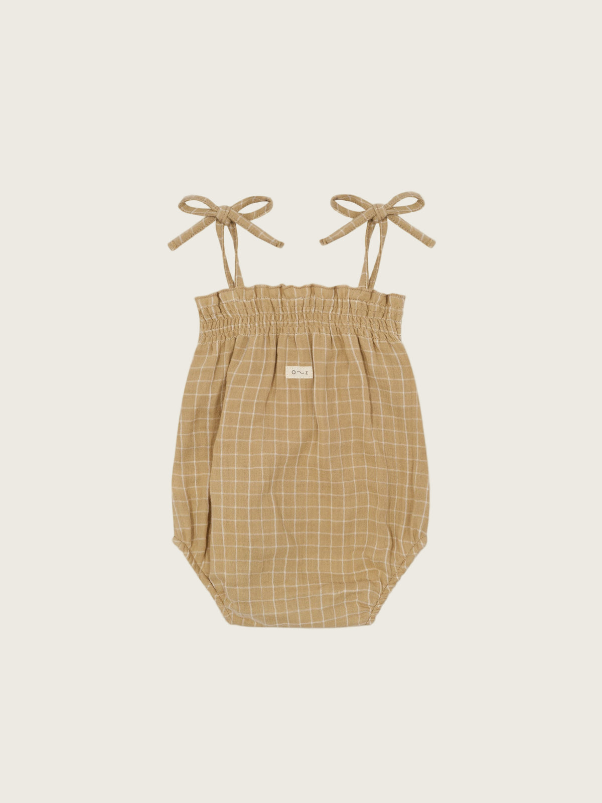 baby gold grid check organic muslin bodysuit with smocked neckline & spaghetti shoulder tie straps
