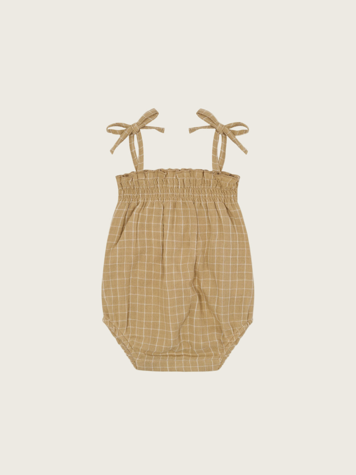 baby gold grid check organic muslin bodysuit with smocked neckline & spaghetti shoulder tie straps