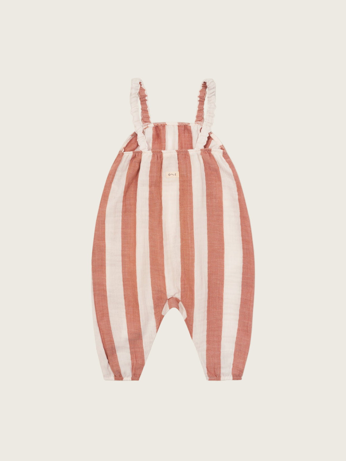 baby & toddler organic muslin sienna red striped artisan jumpsuit with gathered straps & pockets