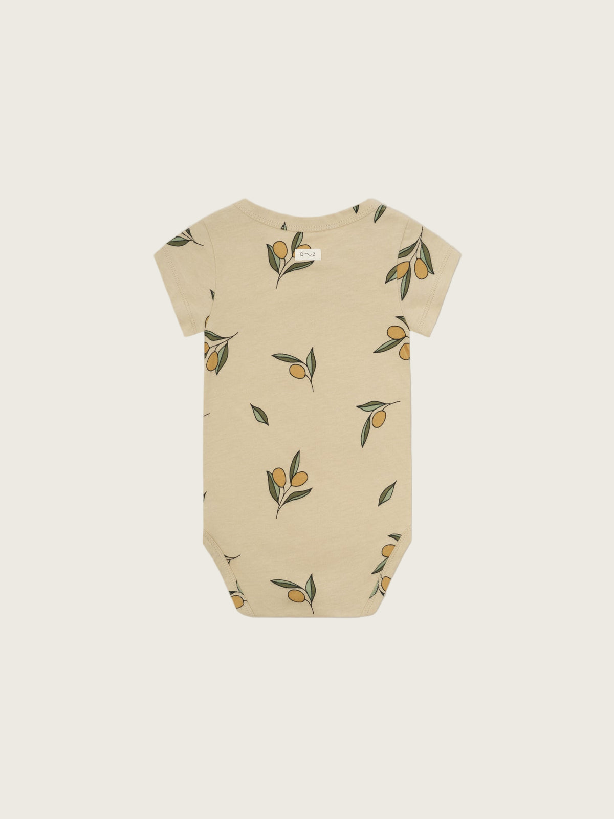 baby organic jersey cotton cream short sleeved bodysuit with olive print, shoulder & crotch poppers