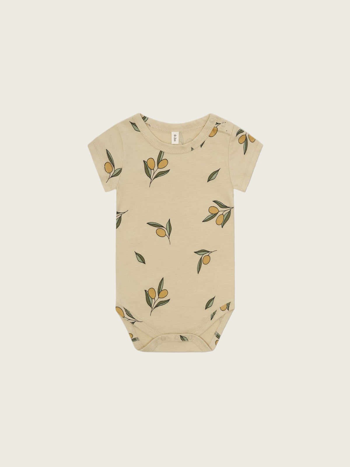 baby organic jersey cotton cream short sleeved bodysuit with olive print, shoulder & crotch poppers