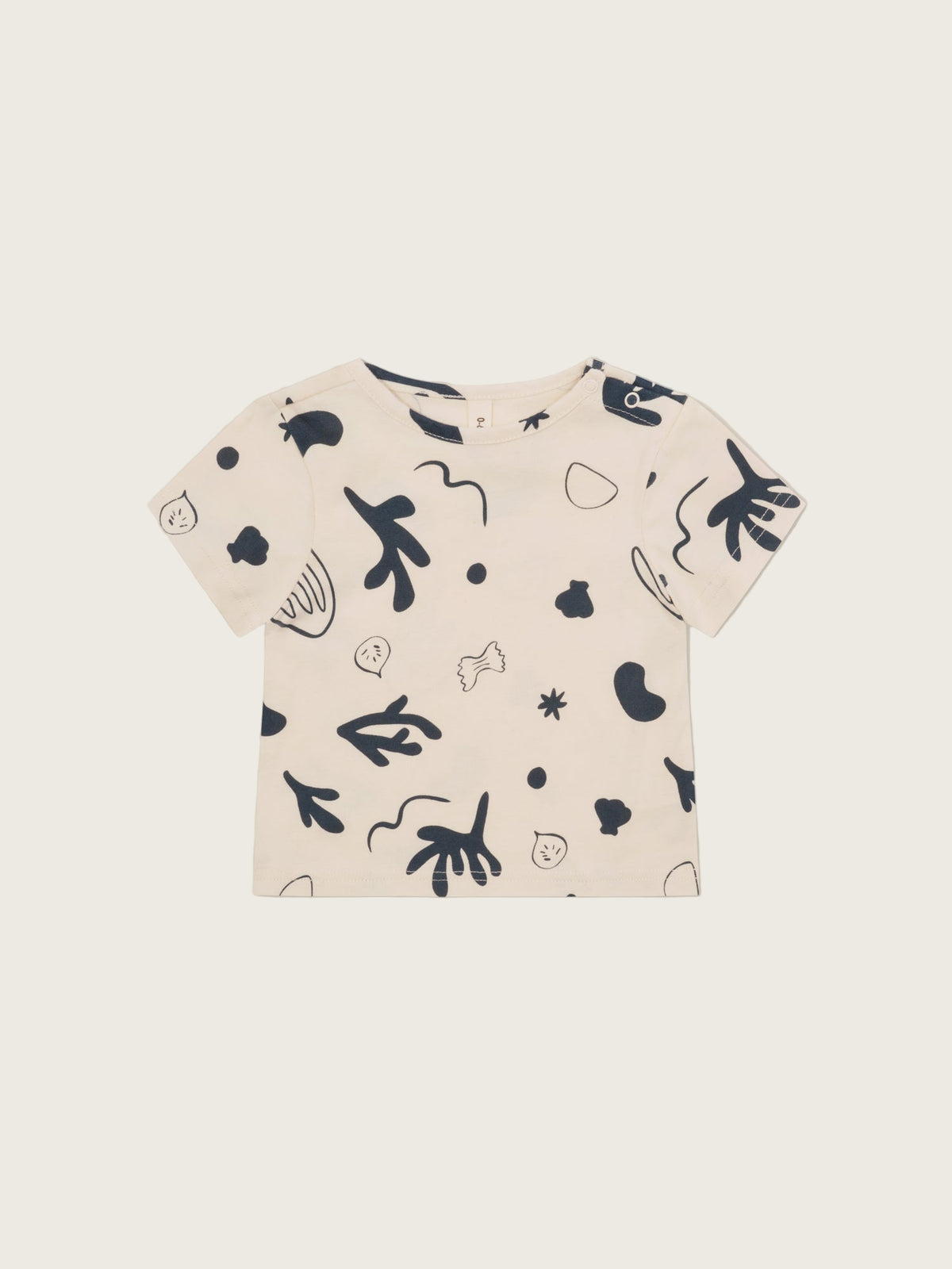 baby undyed cotton crew neck classic t-shirt in white with navy ocean print & shoulder poppers